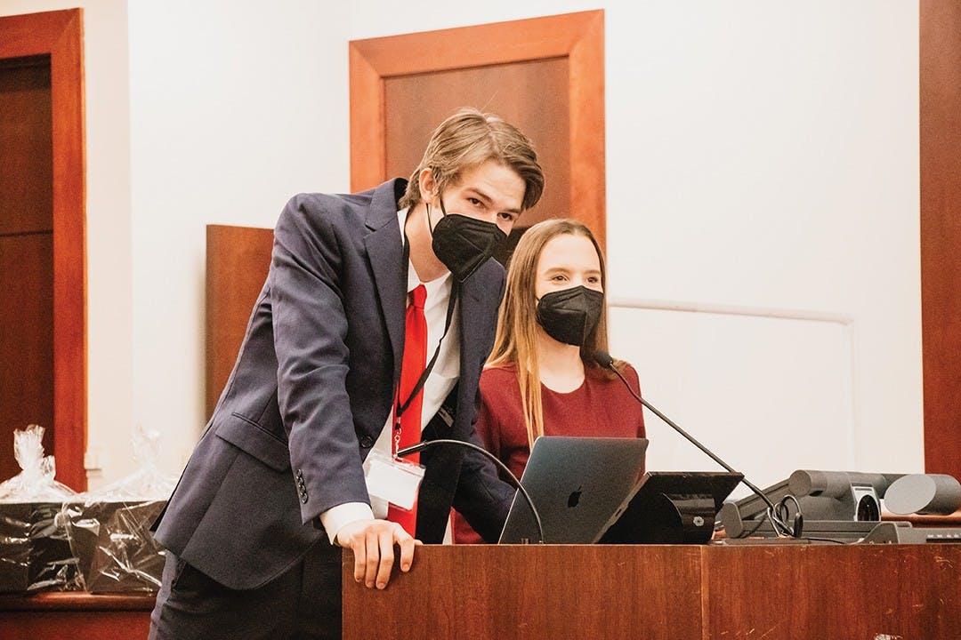 Third-year accounting student and Mock Trial President Ben Wallace speaks to the courtroom during USC’s Soda City Trials.