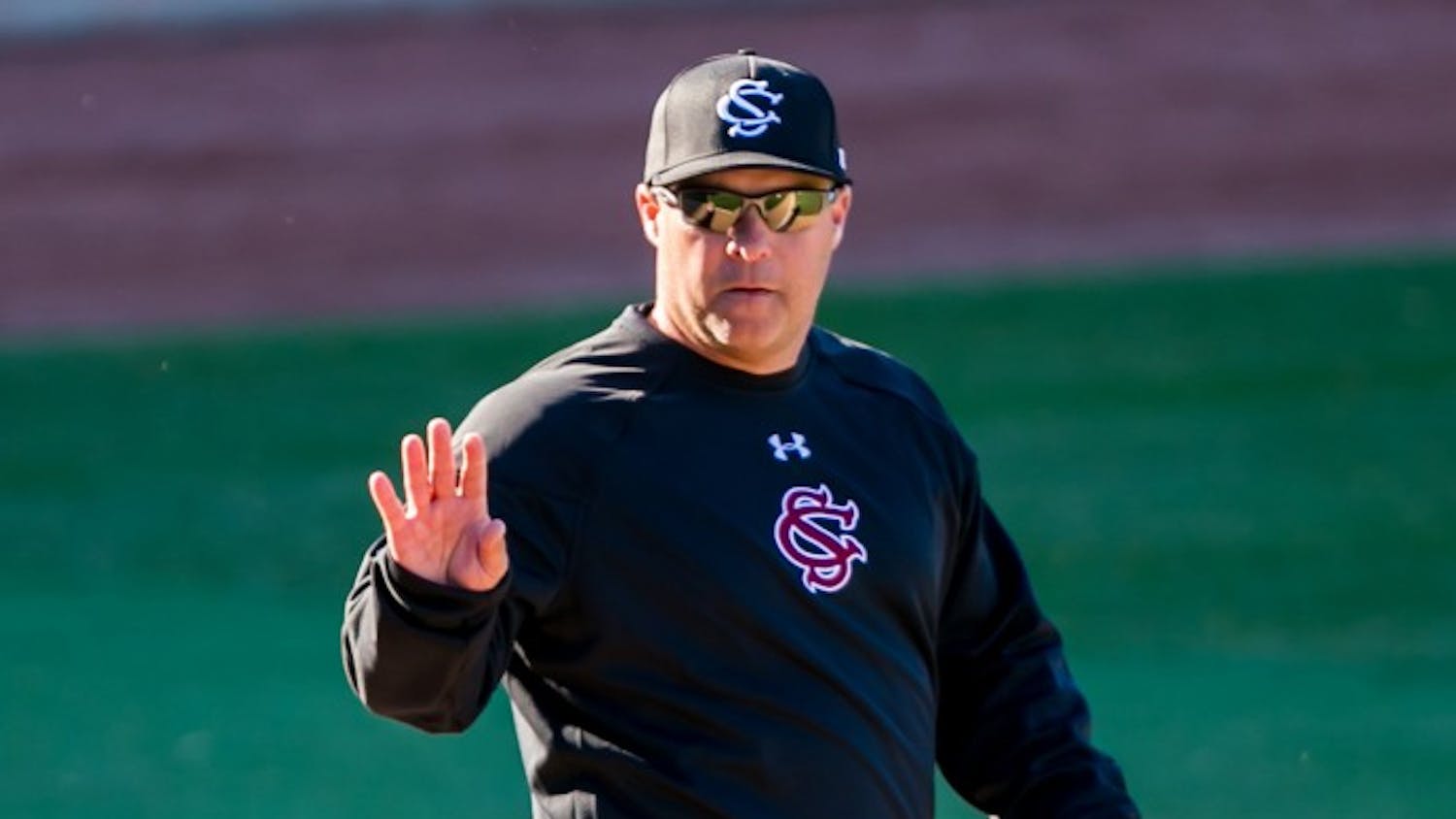 South Carolina head coach Chad Holbrook waves to fans following a 7-1 win against the College of Charleston at Carolina Stadium in Columbia, S.C., on Saturday, Feb. 14, 205. (Jeff Blake/The State/TNS)