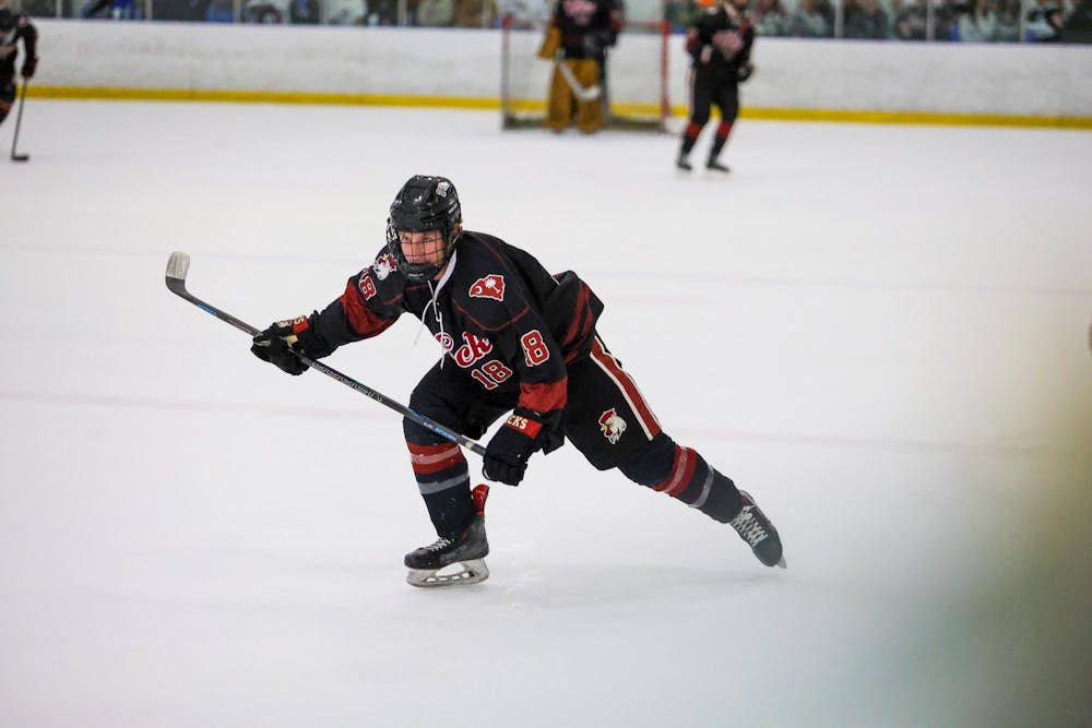 <p>Center Jake Puskar makes a move for the puck during the game against Clemson on Oct. 17, 2025. Puskar is a 3X New Jersey hockey state champion.</p>