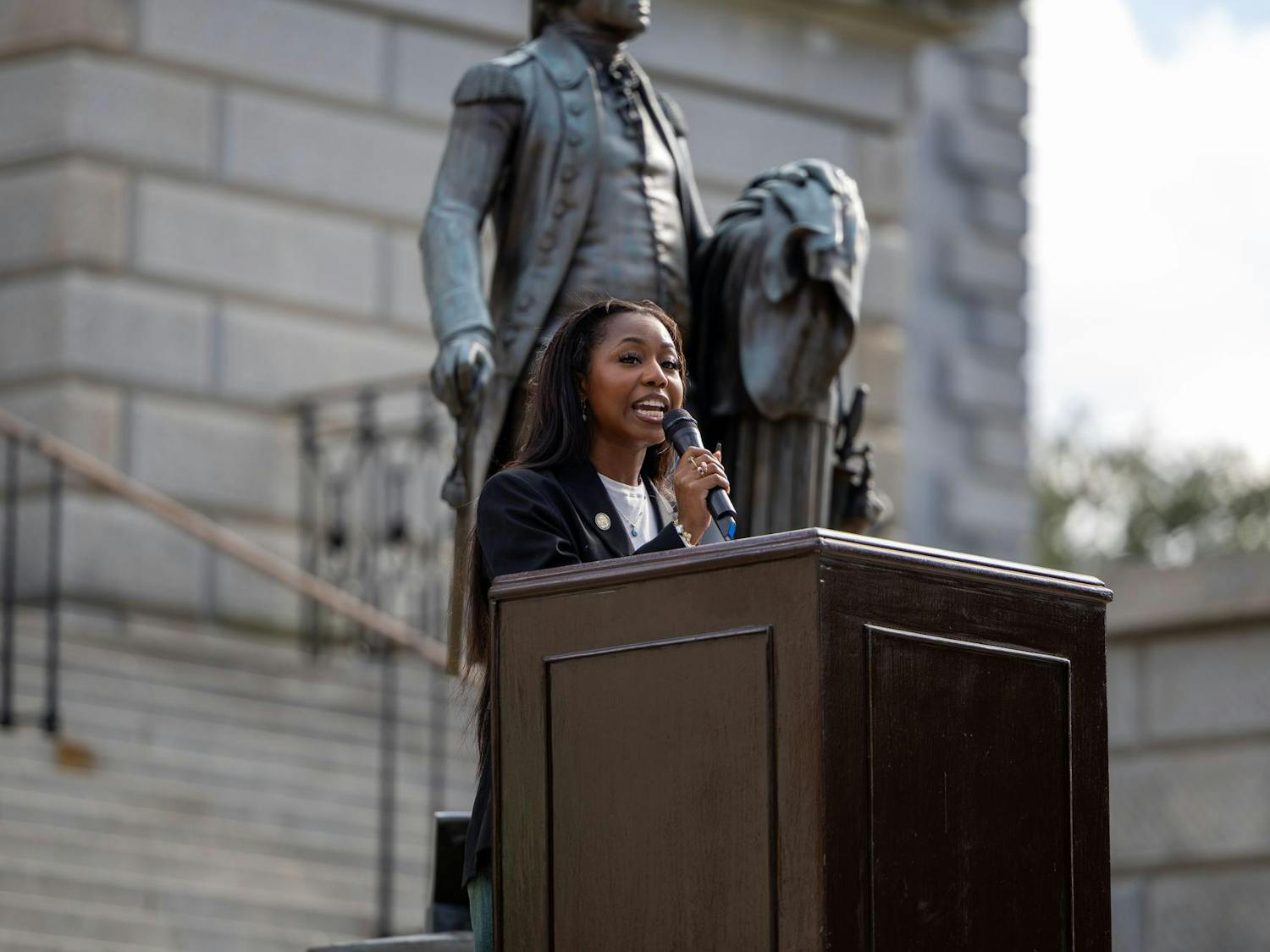 Courtney McClain, an alumna of the University of South Carolina, speaks on Sept. 18, 2024. Members of the South Carolina community gathered for a peaceful rally at the South Carolina Statehouse.
