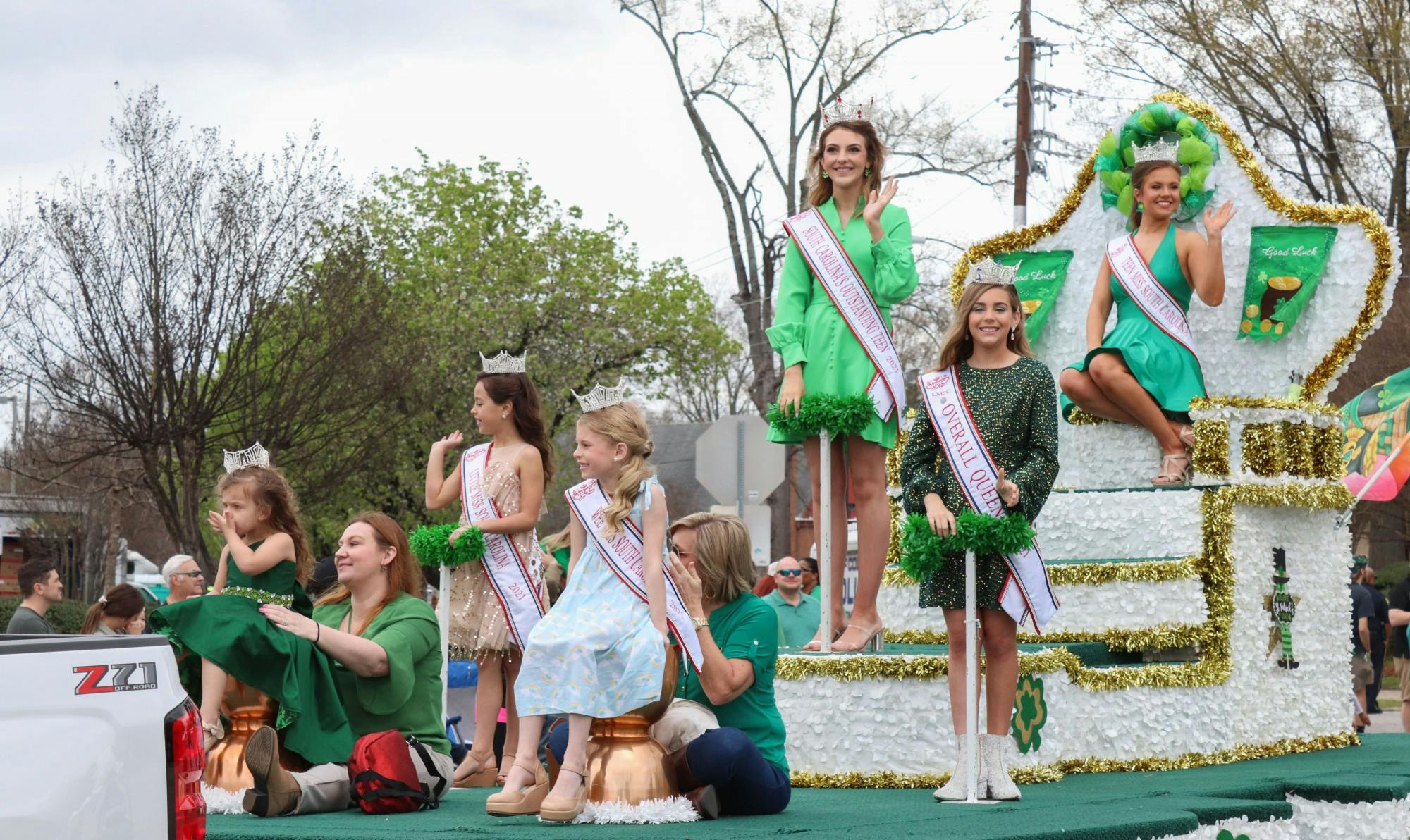 The 40th Annual St. Pats in 5 Points parade displayed a float featuring Little Miss and Teen Miss South Carolina beauty queens on March 19, 2022. 