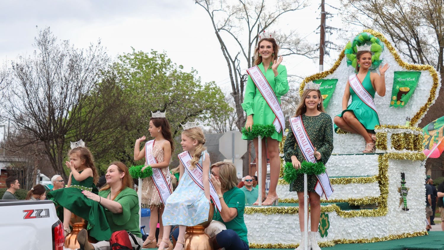 The 40th Annual St. Pats in 5 Points parade displayed a float featuring Little Miss and Teen Miss South Carolina beauty queens on March 19, 2022. 