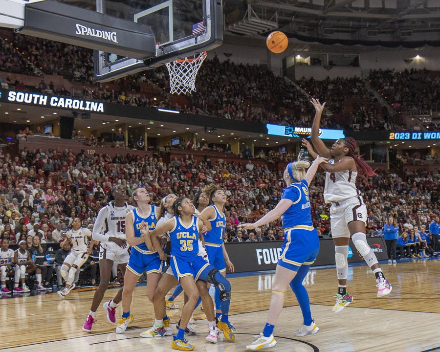 Senior forward Aliyah Boston goes in for a point during the match against UCLA at Bon Secours Wellness Arena in Greenville, South Carolina, on March 25, 2023. The Gamecocks beat the Bruins 59-43 and will move on to the Elite Eight tournament.&nbsp;