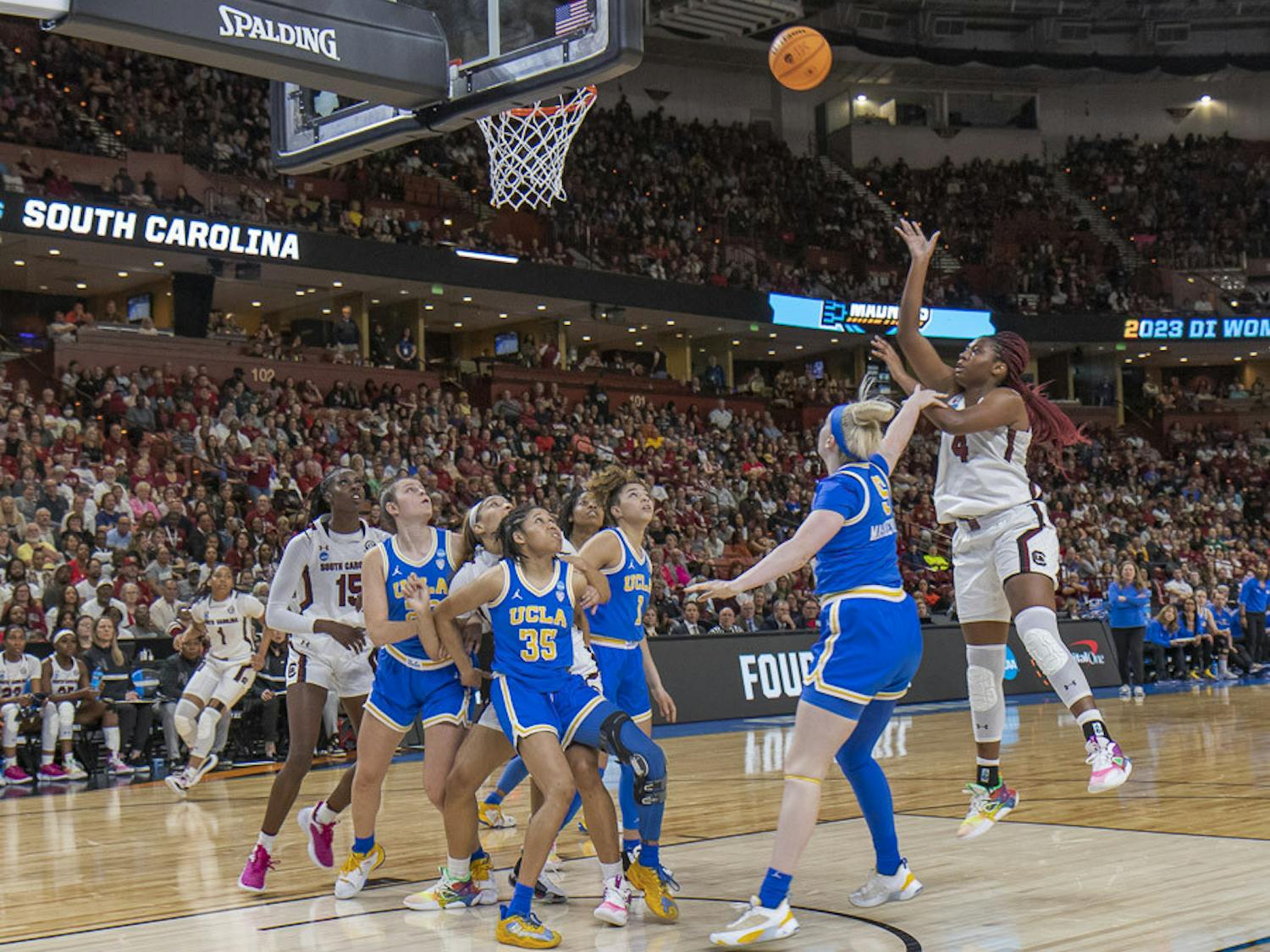 Senior forward Aliyah Boston goes in for a point during the match against UCLA at Bon Secours Wellness Arena in Greenville, South Carolina, on March 25, 2023. The Gamecocks beat the Bruins 59-43 and will move on to the Elite Eight tournament.&nbsp;