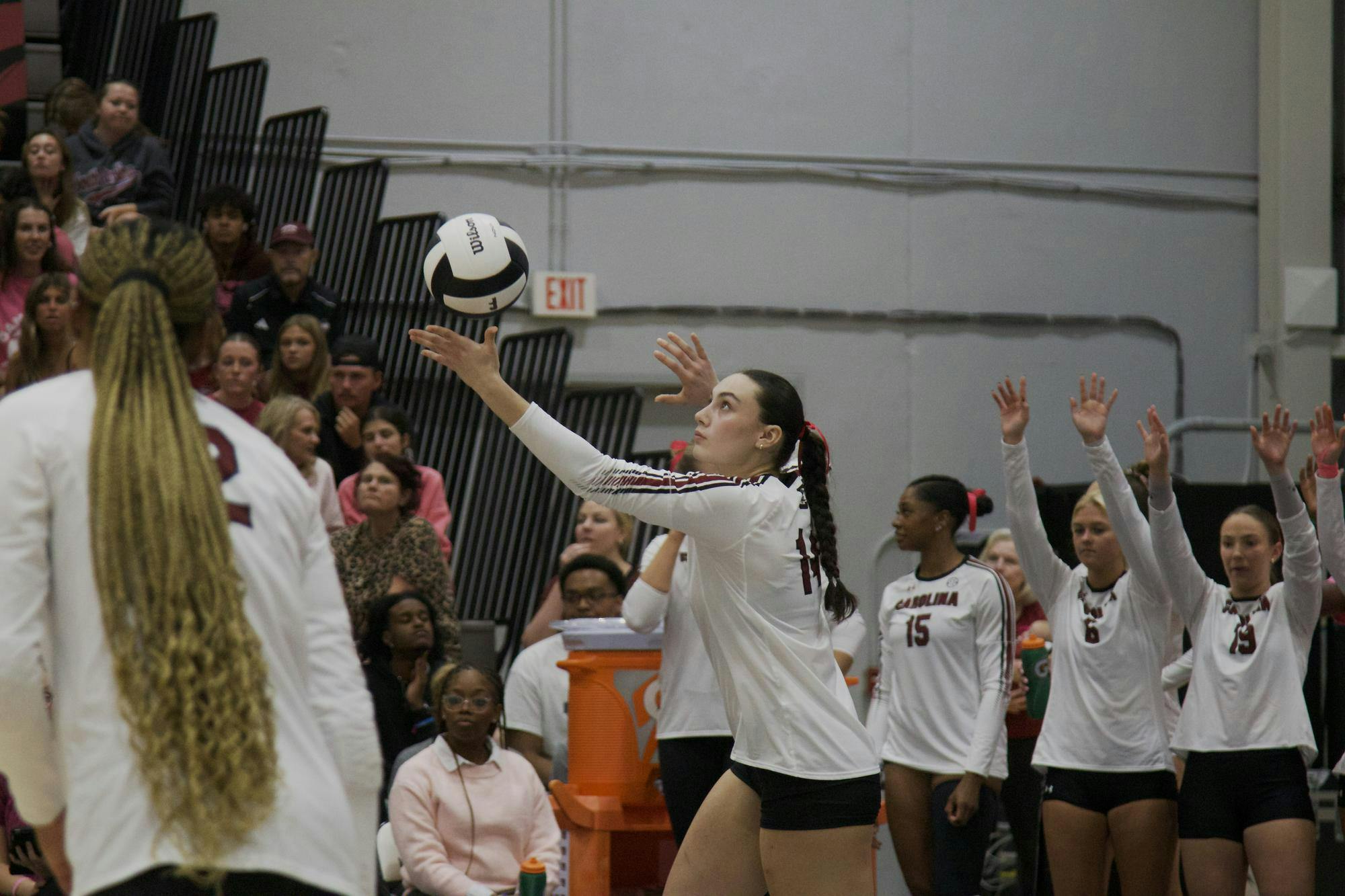 Freshman setter Kaia Pixler prepares to set the ball during the Oct. 17, 2025, game against Mississippi State. The Gamecocks lost 3-0 at the Carolina Volleyball Center.&nbsp;&nbsp;