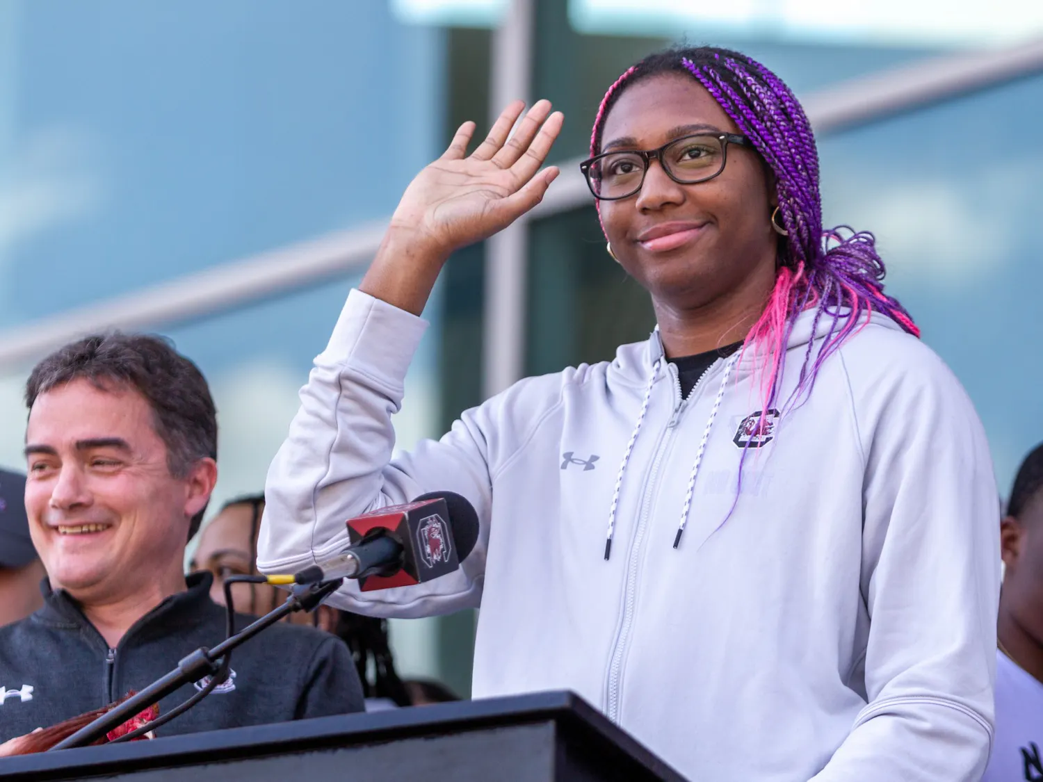 Junior forward Aliyah Boston waves to the crowd at Colonial Life Arena on April 4, 2022. Many South Carolina fans gathered at the arena to welcome the Gamecocks back to Columbia.