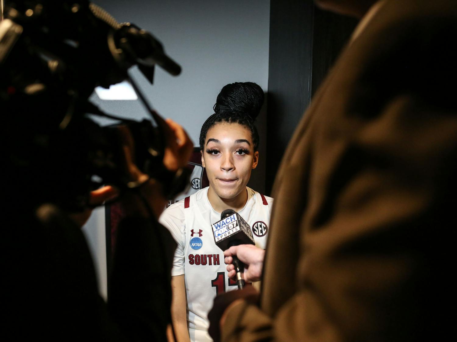Senior guard Brea Beal is interviewed by WACH Fox 57 in the locker room following South Carolina’s win against South Florida in round two of the NCAA tournament at Colonial Life Arena on March 19, 2023. The Gamecocks defeated the Bulls 76-45.