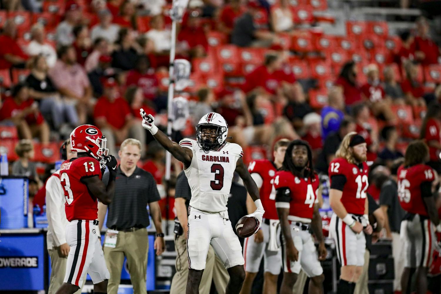 Senior wide receiver Jalen Brooks celebrates a one-handed catch in the fourth quarter of South Carolina's game against Georgia on Sept. 18, 2021.