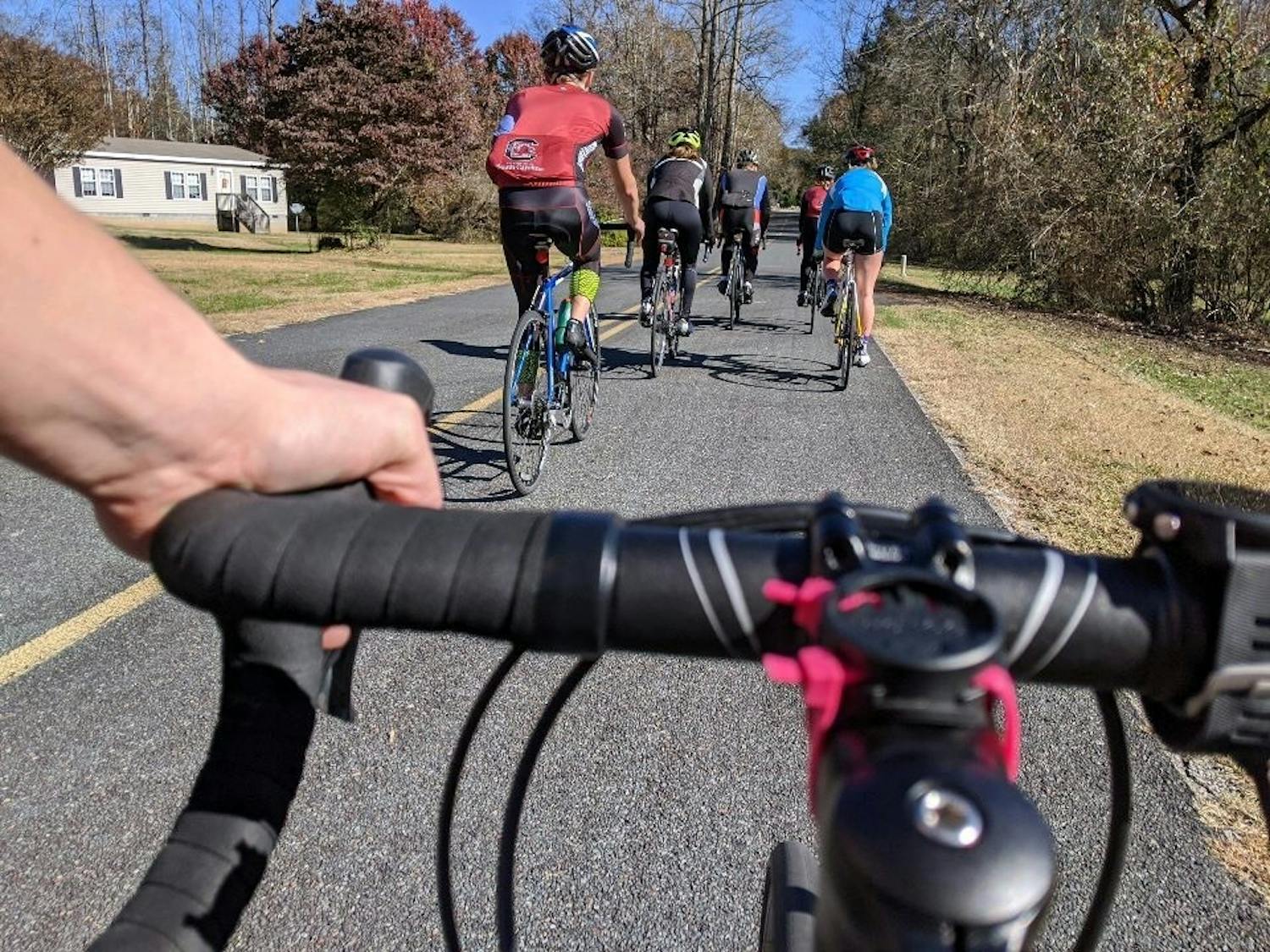 Bicyclists participate in a group ride. USC’s Gamecock and Cycling Triathlon Club’s purpose is to promote the sport of cycling and triathlon within the university and the community of South Carolina.