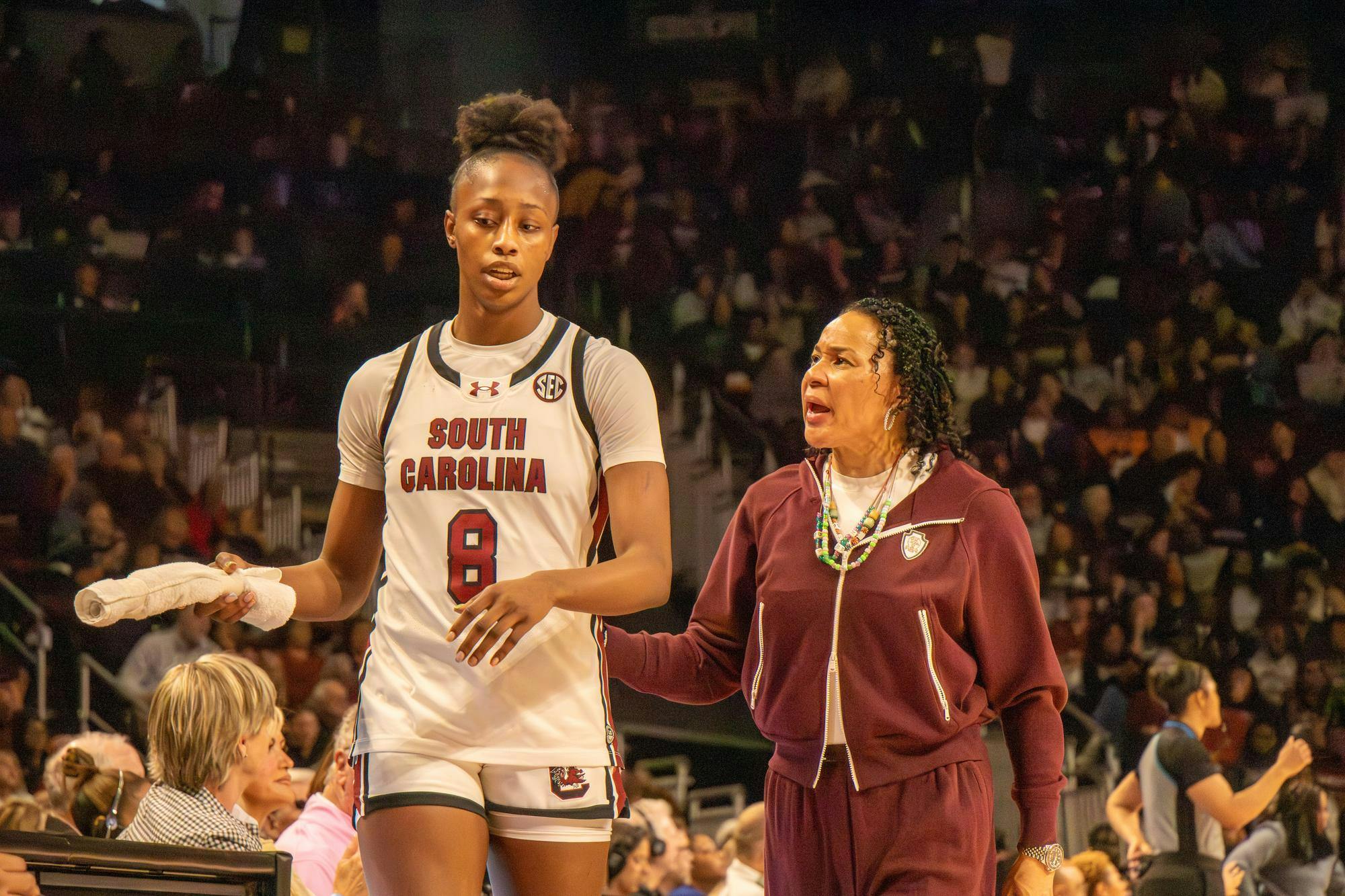FILE —&nbsp;Sophomore forward Joyce Edwards walks back to the bench with head coach Dawn Staley after being subbed out on Feb. 22, 2026, at Colonial Life Arena.