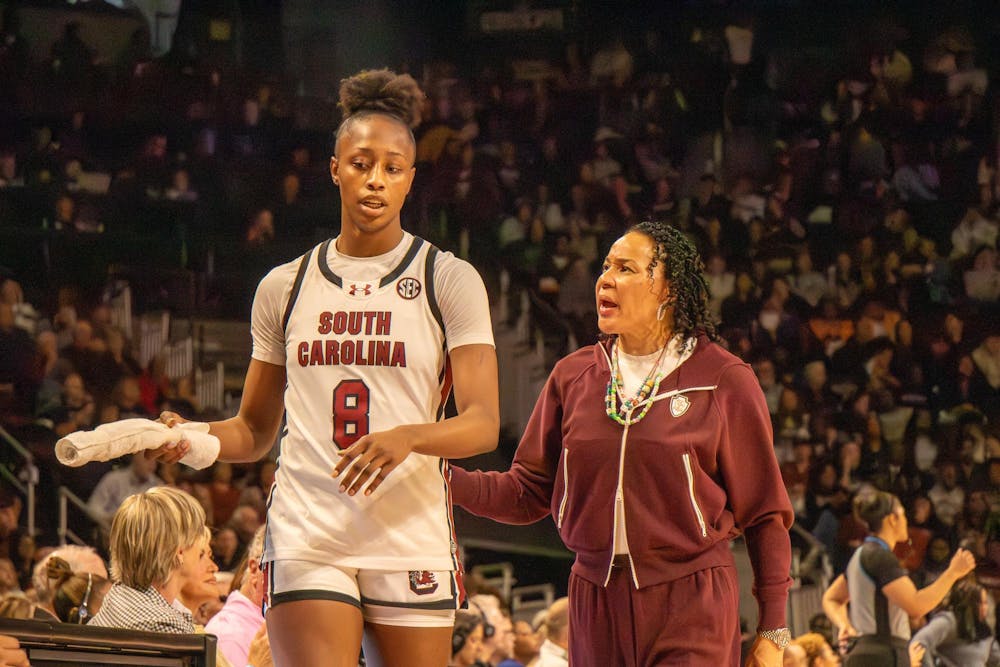 <p>FILE —&nbsp;Sophomore forward Joyce Edwards walks back to the bench with head coach Dawn Staley after being subbed out on Feb. 22, 2026, at Colonial Life Arena.</p>