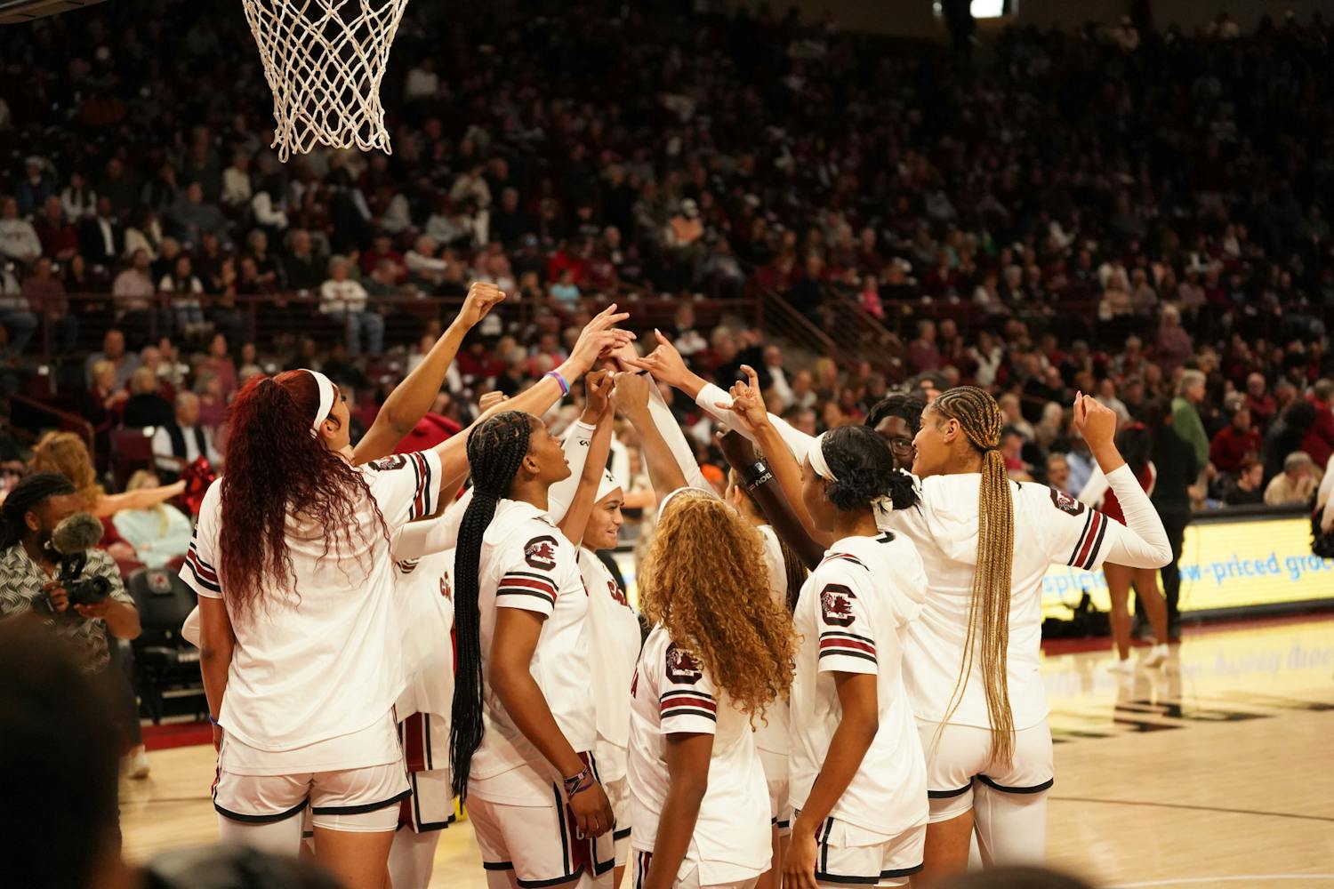 FILE - The South Carolina women's basketball team huddles under the hoop before tip-off. The ɫɫƵs improved to 25-0 as it defeated the Georgia Bulldogs on Feb. 18, 2024. The team is undefeated for the 2023-24 season so far and is looking for a run in the NCAA Tournament. 