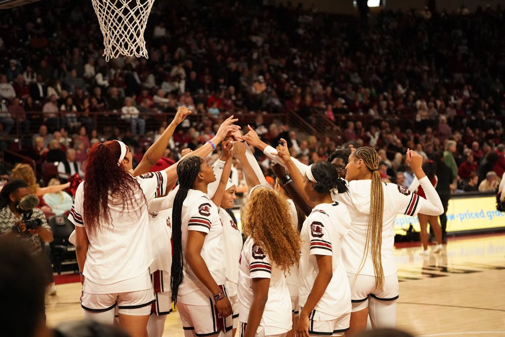 <p>FILE - The South Carolina women's basketball team huddles under the hoop before tip-off. The Gamecocks improved to 25-0 as it defeated the Georgia Bulldogs on Feb. 18, 2024. The team is undefeated for the 2023-24 season so far and is looking for a run in the NCAA Tournament. </p>