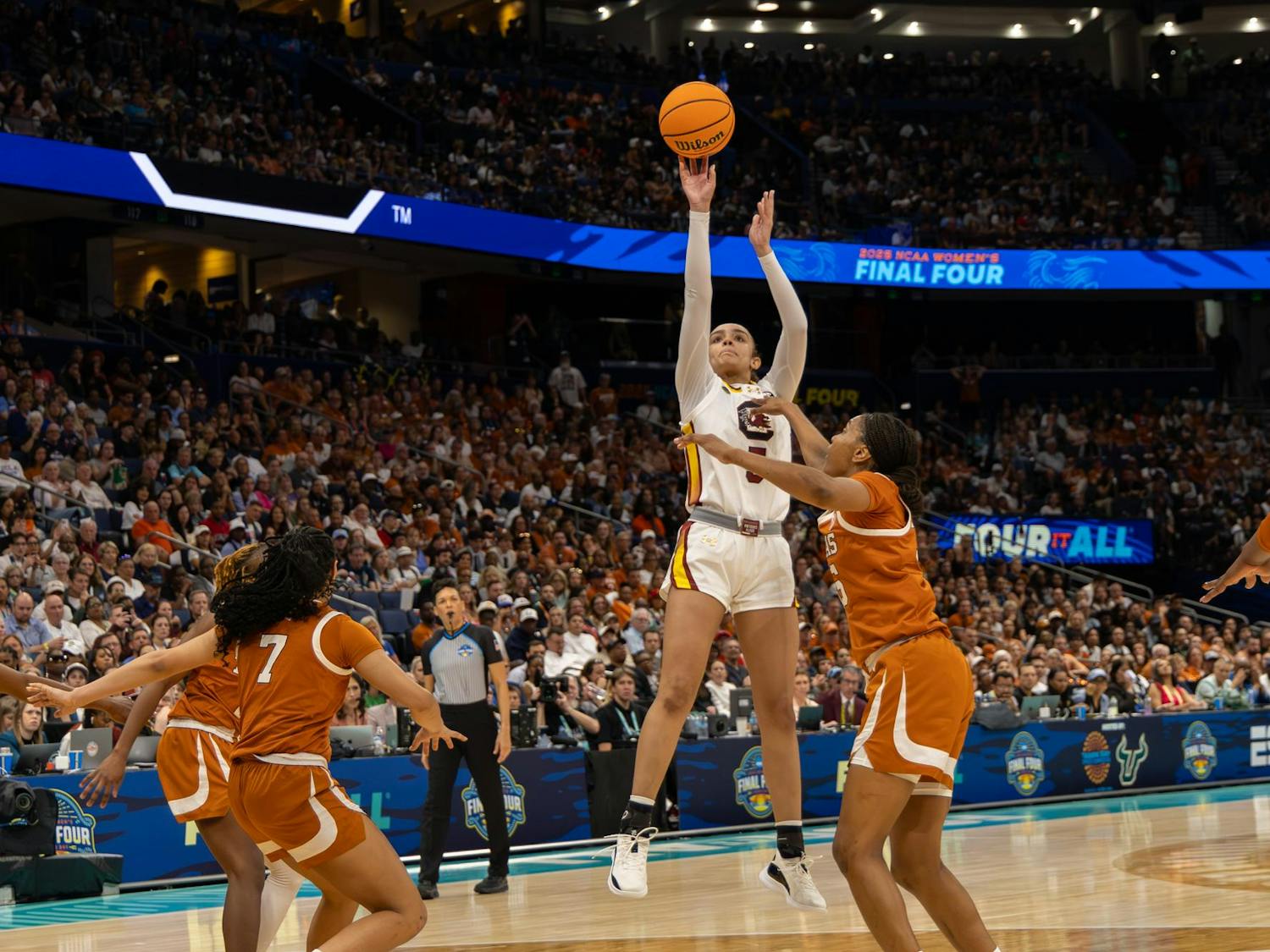 Sophomore guard Tessa Johnson shoots from midrange in South Carolina's game against Texas in the Final Four on April 4, 2025. Johnson scored 9 points in 22 minutes played for the Gamecocks.