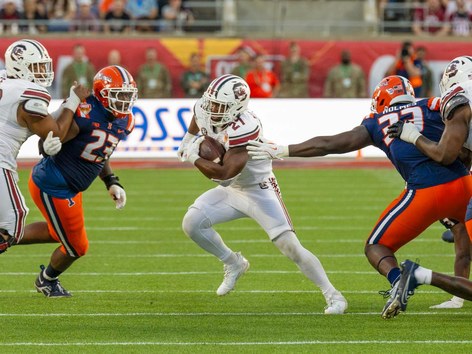 FILE — Sixth-year running back Oscar Adaway III runs the football down the field during No. 15 South Carolina's matchup against No. 20 Illinois at the Cheez-It Citrus Bowl on Dec. 31, 2024. The Gamecocks ended the 2024 season 9-4 after losing to Illinois 21-17.