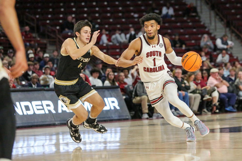 <p>FILE - Junior guard Jacobi Wright drives down the lane during South Carolina’s exhibition game against Wofford at Colonial Life Arena on Nov. 1, 2023. The Gamecocks beat the Terriers 60-57.</p>