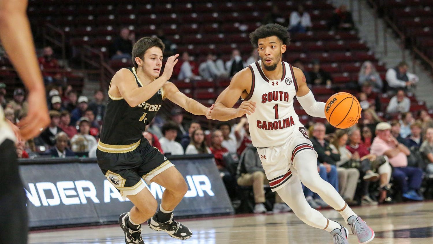 FILE - Junior guard Jacobi Wright drives down the lane during South Carolina’s exhibition game against Wofford at Colonial Life Arena on Nov. 1, 2023. The Gamecocks beat the Terriers 60-57.