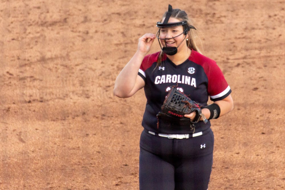 FILE—Sophomore Leah Powell takes over as pitcher for the Gamecocks, during an NCAA softball game against Missouri on April 2, 2021. The Gamecocks lost to the Tigers 3-7. 