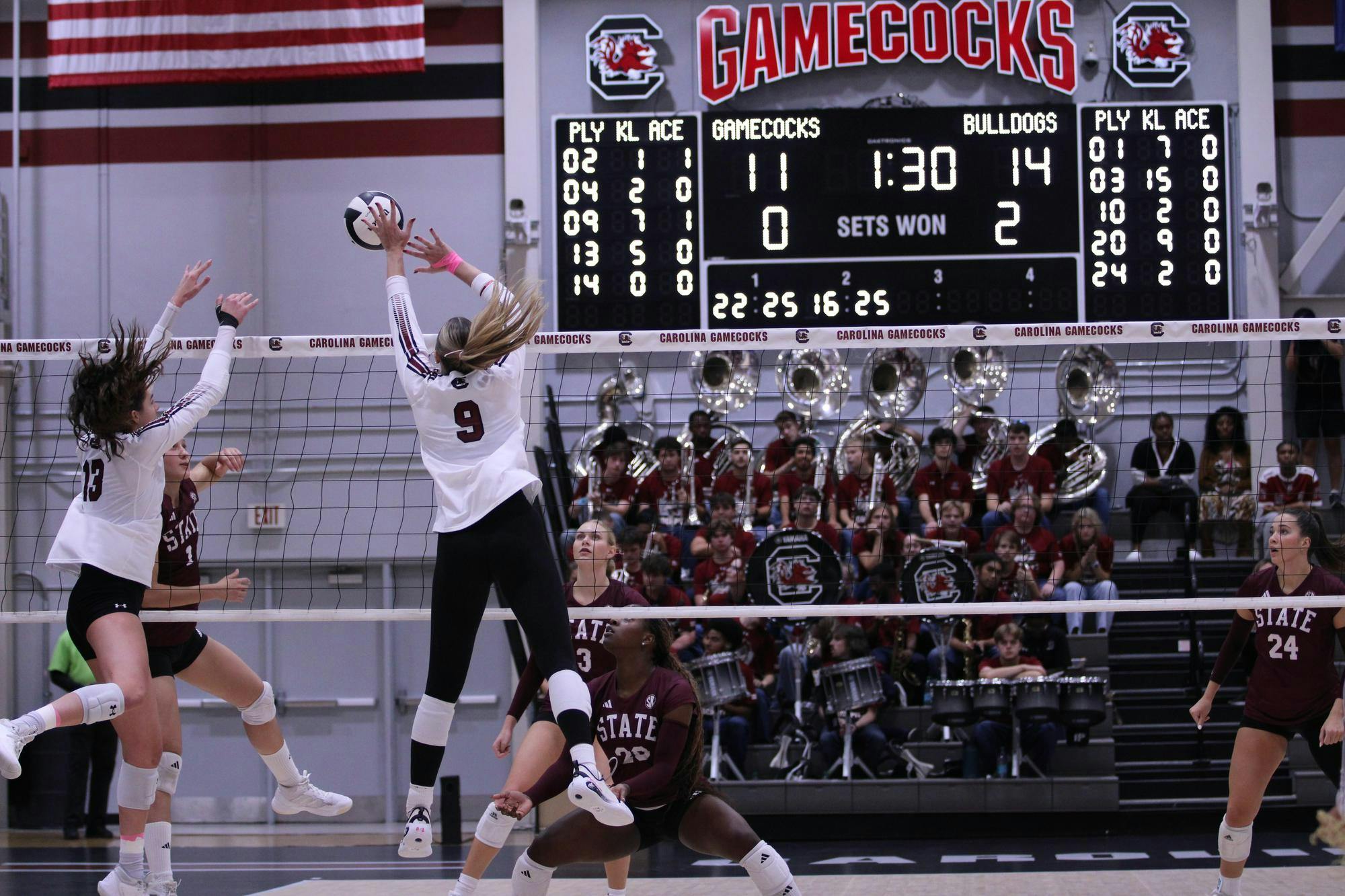South Carolina junior middle Ava Leahy and her teammate, senior outside hitter Alayna Johnson, block the Mississippi State volleyball team in their match on Oct. 17, 2025. The Gamecocks lost in their third set against the Bulldogs, with a final score of 3-0.