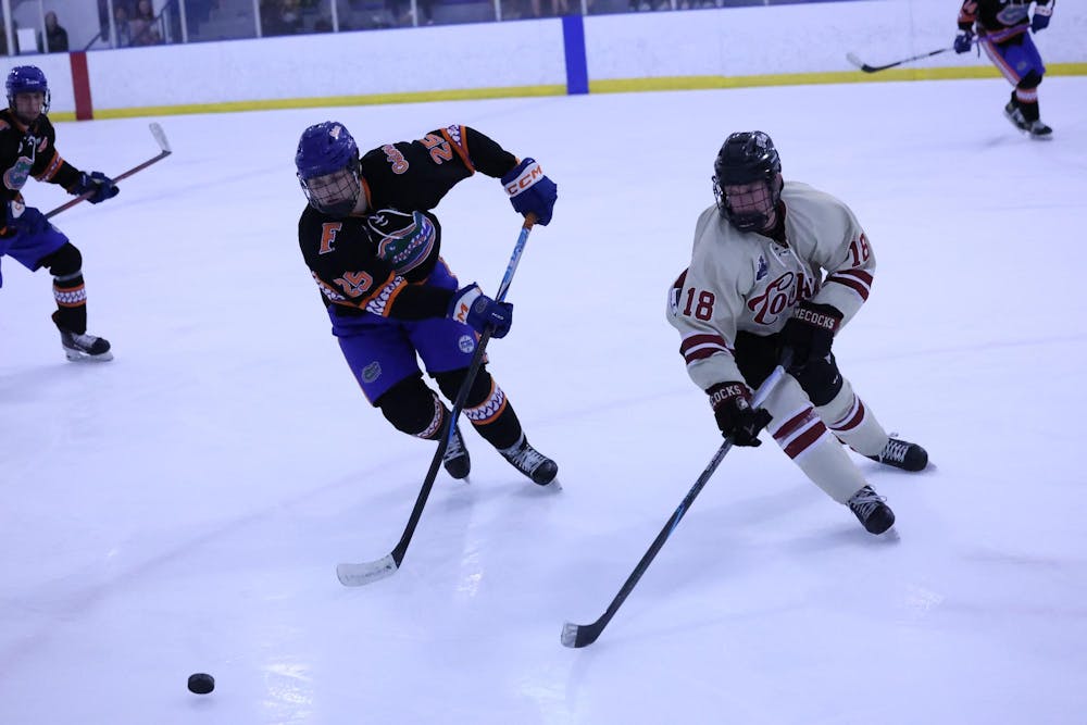 <p>Junior center Carson Skove, a Gamecock club hockey player, races a Florida player for the puck on Sunday, Sept. 28, 2025, at Flight Adventure Park in Irmo, S.C.</p>