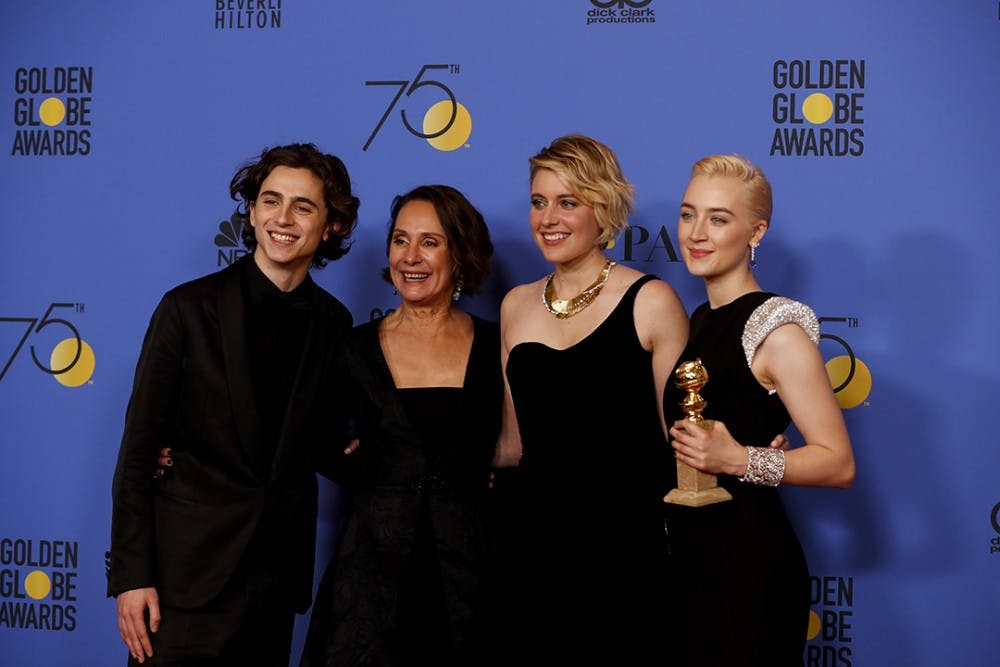 From left, Timothee Chalamet, Laurie Metcalf, Greta Gerwig and Saoirse Ronan backstage at the 75th Annual Golden Globes at the Beverly Hilton Hotel in Beverly Hills, Calif., on Sunday, Jan. 7, 2018. (Allen J. Schaben/Los Angeles Times/TNS)