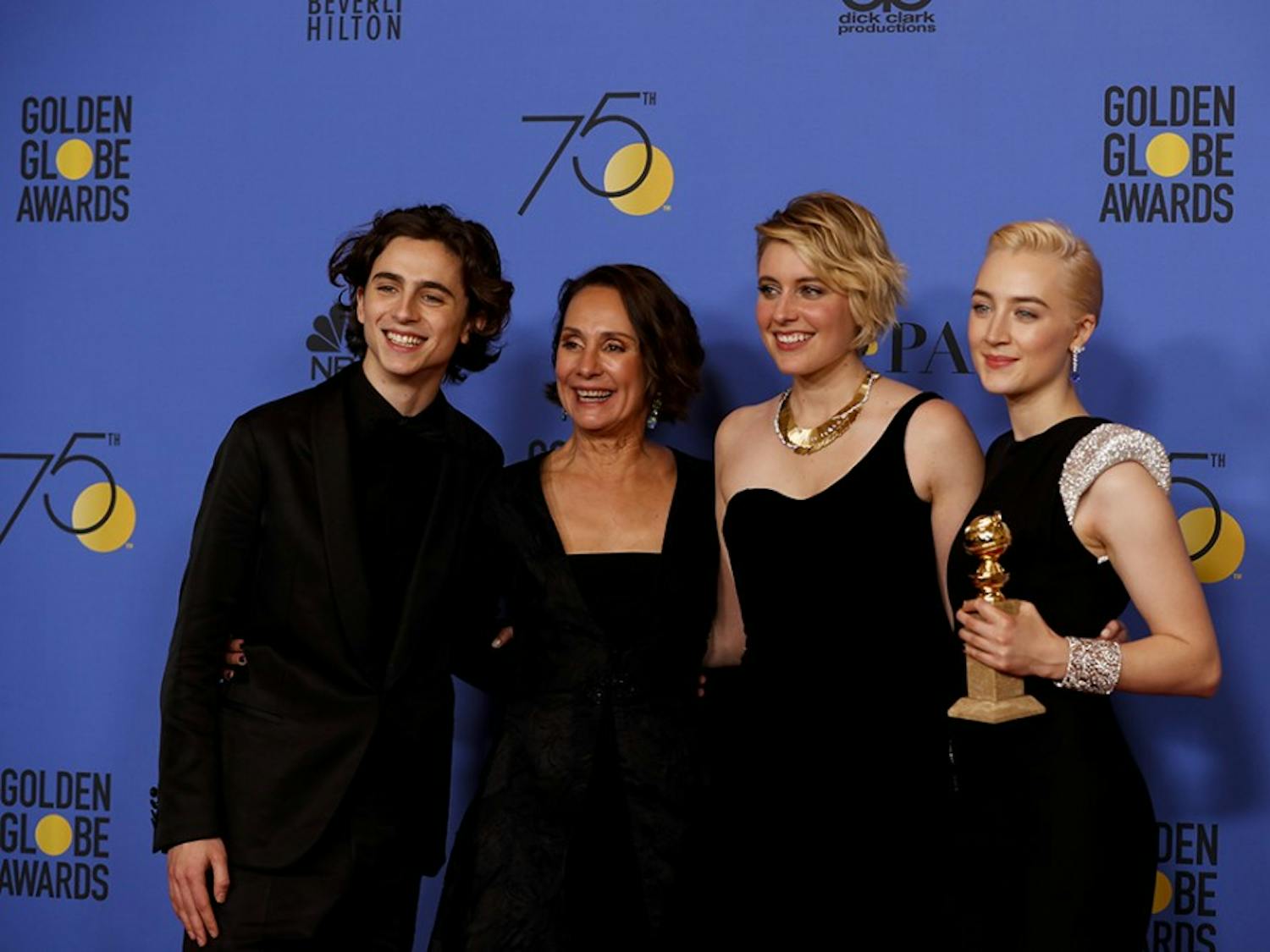 From left, Timothee Chalamet, Laurie Metcalf, Greta Gerwig and Saoirse Ronan backstage at the 75th Annual Golden Globes at the Beverly Hilton Hotel in Beverly Hills, Calif., on Sunday, Jan. 7, 2018. (Allen J. Schaben/Los Angeles Times/TNS)