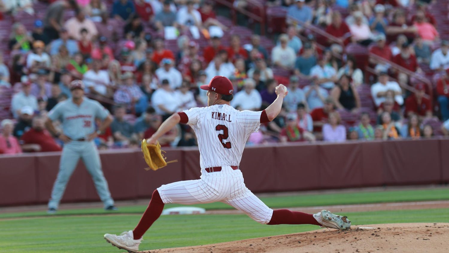 Redshirt sophomore pitcher Roman Kimball opens the weekend series with a strike against the Razorbacks on April 19, 2024, at Founders Park. Kimball pitched 2.1 innings and earned four strikeouts before leaving the game due to an injury.