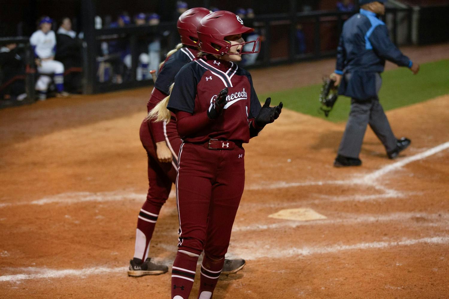 Redshirt junior outfielder Carlie Henderson celebrates crossing home plate at Beckham Field on Feb. 23, 2024. Henderson had one run for the Gamecocks during its 3-2 win over James Madison University.