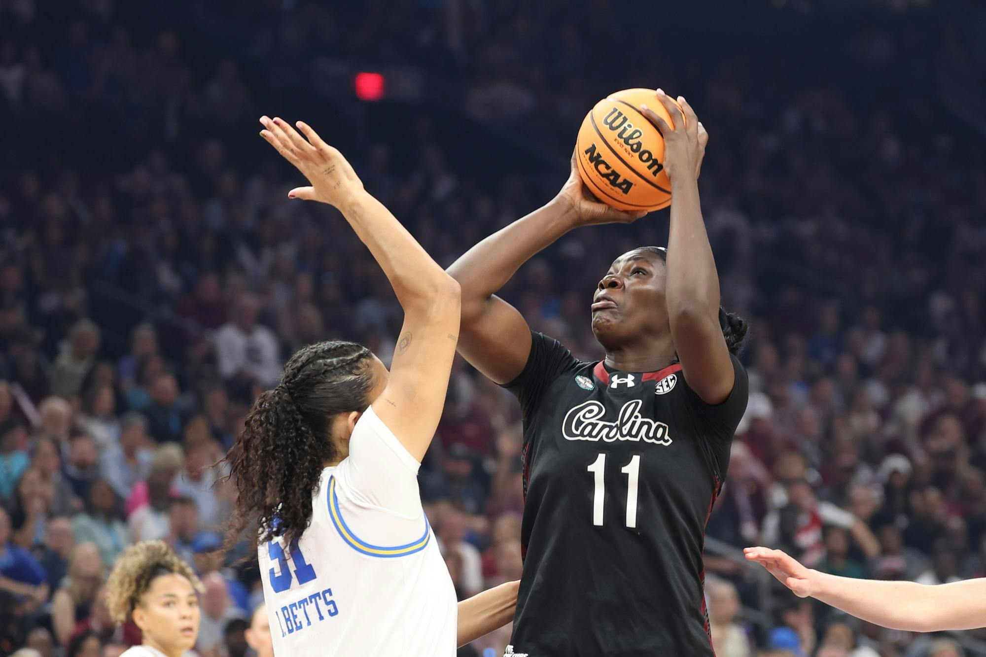 Senior center Madina Okot shoots the ball during the championship matchup against UCLA at the Women's Basketball NCAA Tournament on April 5, 2026. Okot was denied eligibility for the 2026-27 season with the Gamecocks.