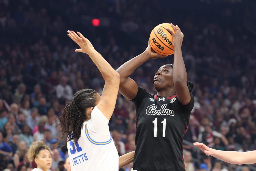 <p>Senior center Madina Okot shoots the ball during the championship matchup against UCLA at the Women's Basketball NCAA Tournament on April 5, 2026. Okot was denied eligibility for the 2026-27 season with the Gamecocks.</p>