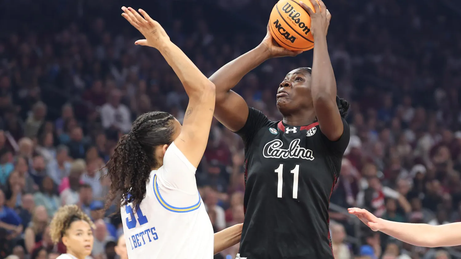 Senior center Madina Okot shoots the ball during the championship matchup against UCLA at the Women's Basketball NCAA Tournament on April 5, 2026. Okot was denied eligibility for the 2026-27 season with the Gamecocks.