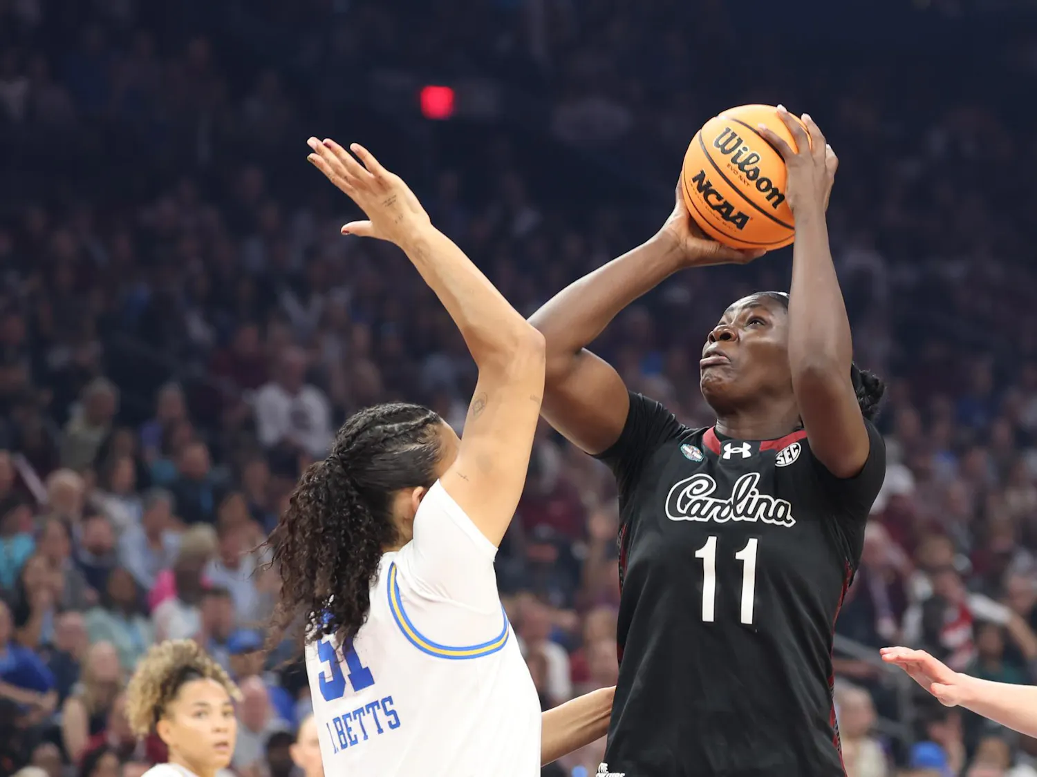 Senior center Madina Okot shoots the ball during the championship matchup against UCLA at the Women's Basketball NCAA Tournament on April 5, 2026. Okot was denied eligibility for the 2026-27 season with the Gamecocks.