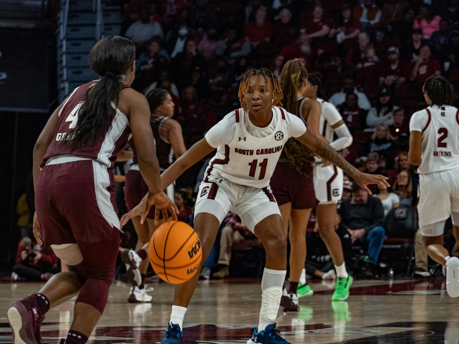 Freshman guard Talaysia Cooper guards against a Texas A&amp;M forward to halt her opponent’s drive to the basket on Dec. 29, 2022. South Carolina defeated Texas A&amp;M 76-34 in its SEC opener. &nbsp;
