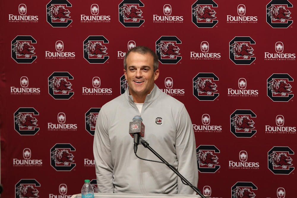 <p>FILE —&nbsp;Head coach Shane Beamer speaks at a press conference on Nov. 12, 2024, at the South Carolina football training facility. High school recruiting is a key foundation for building the Gamecocks' future roster.</p>