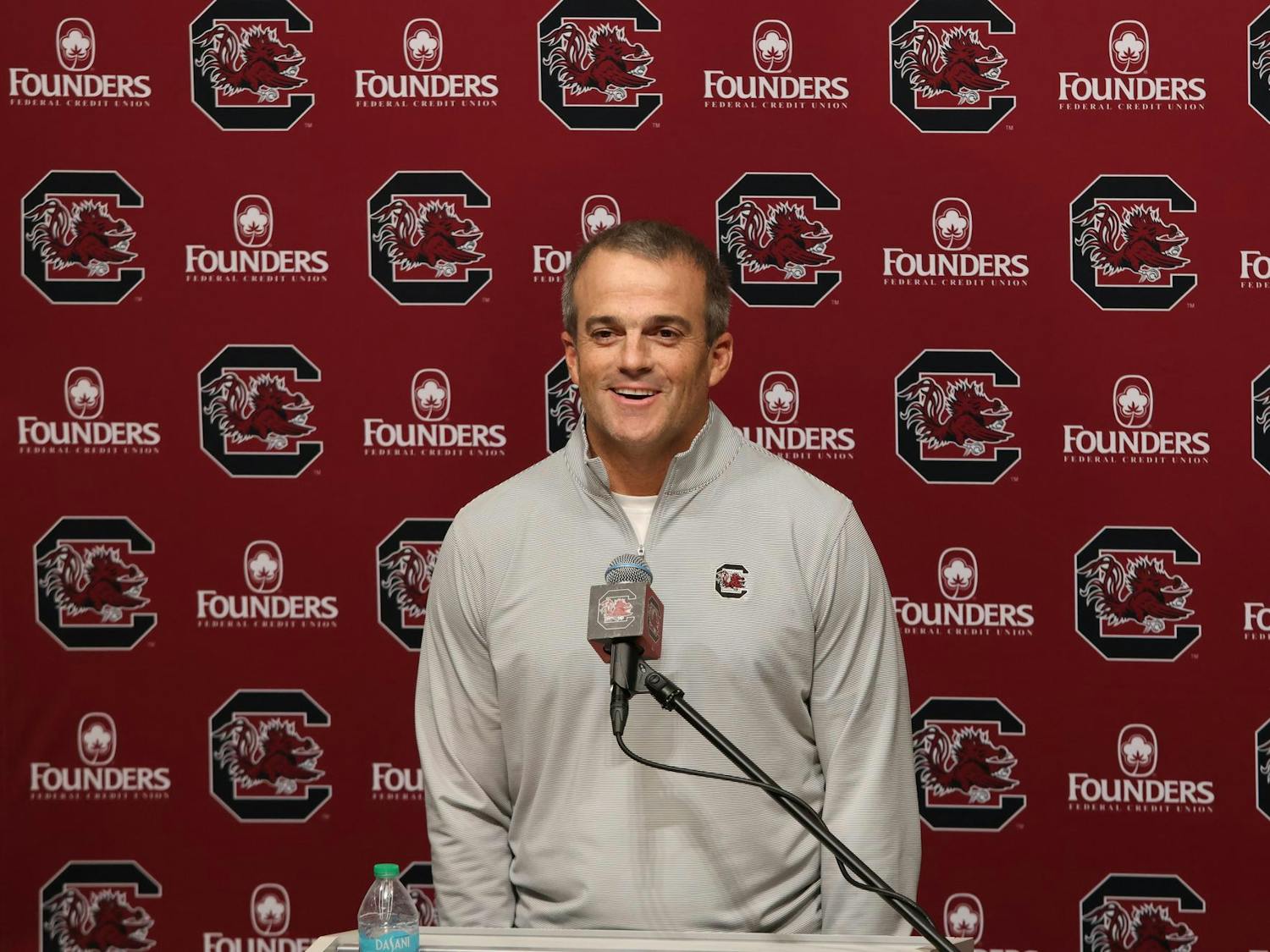 FILE — Head coach Shane Beamer speaks at a press conference on Nov. 12, 2024, at the South Carolina football training facility. High school recruiting is a key foundation for building the Gamecocks' future roster.