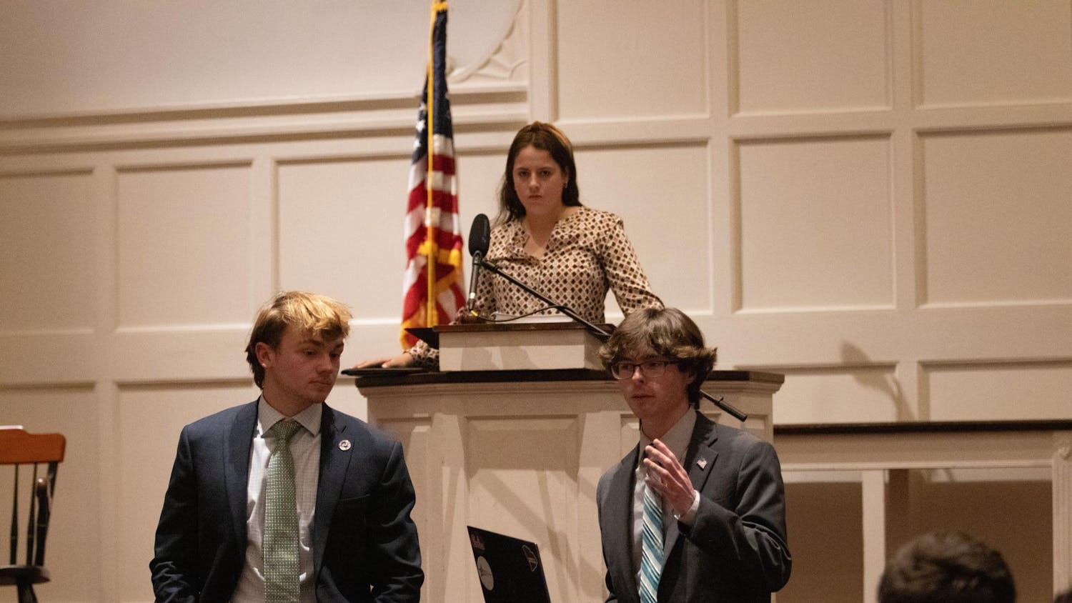 Senator Jeffrey Lyons and Chairman Lawson Windsor speak during the student senate on Feb. 5, 2025. The meeting took place in Rutledge Chapel, following the State of the Student Body address where Patton Byars talked about the work done by Student Government over the past year.