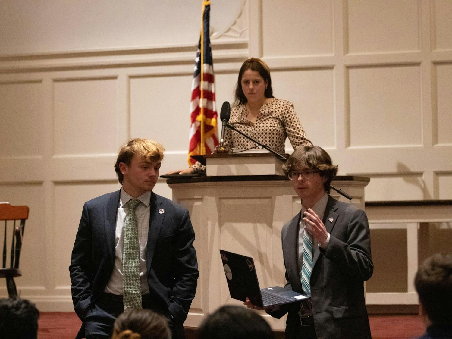 Senator Jeffrey Lyons and Chairman Lawson Windsor speak during the student senate on Feb. 5, 2025. The meeting took place in Rutledge Chapel, following the State of the Student Body address where Patton Byars talked about the work done by Student Government over the past year.