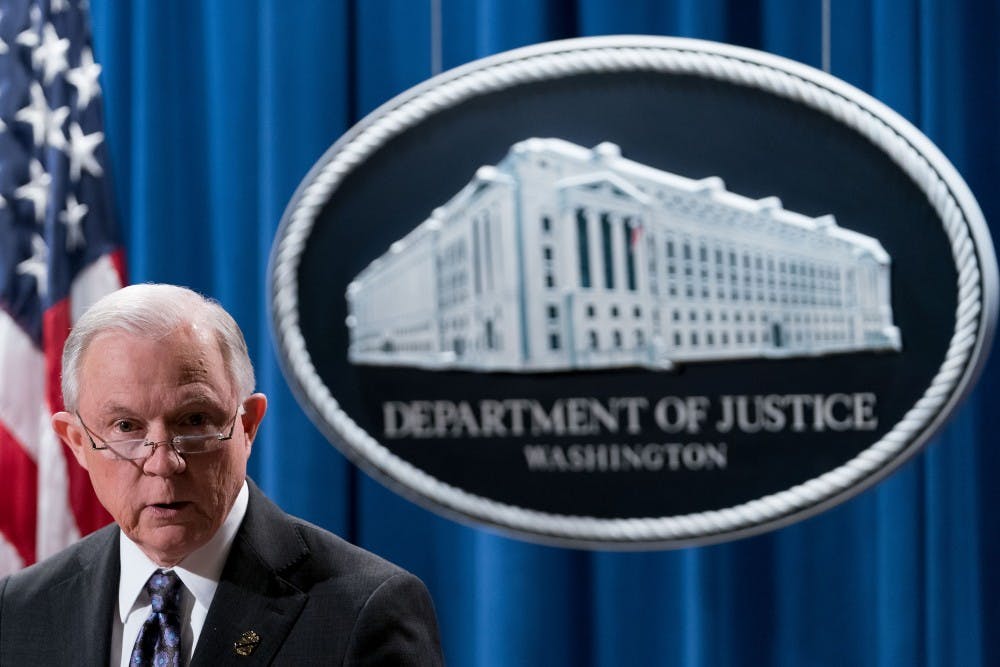 Attorney General Jeff Sessions speaks during a press conference announcing new tools to combat the opioid crisis at the Department of Justice in Washington D.C., United States of America on Nov 29, 2017. (Ting Shen/Xinhua/Sipa USA/TNS)