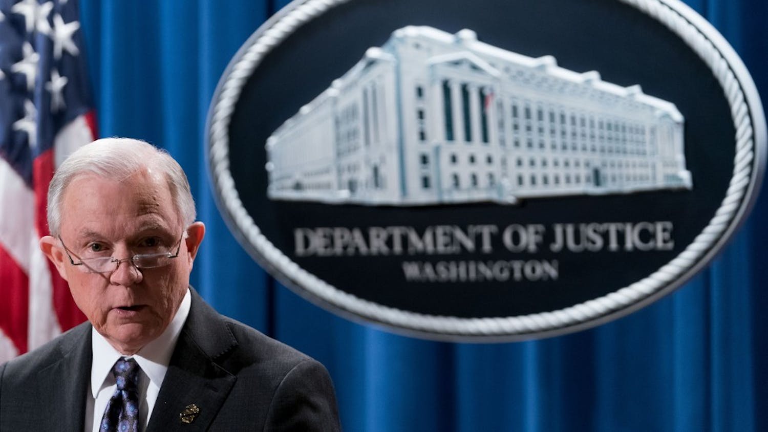 Attorney General Jeff Sessions speaks during a press conference announcing new tools to combat the opioid crisis at the Department of Justice in Washington D.C., United States of America on Nov 29, 2017. (Ting Shen/Xinhua/Sipa USA/TNS)