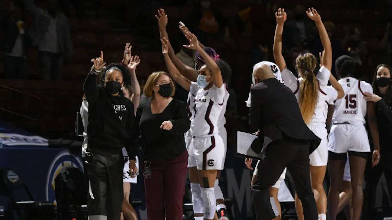 The South Carolina women's basketball team celebrates after a win in the 2021 NCAA tournament.