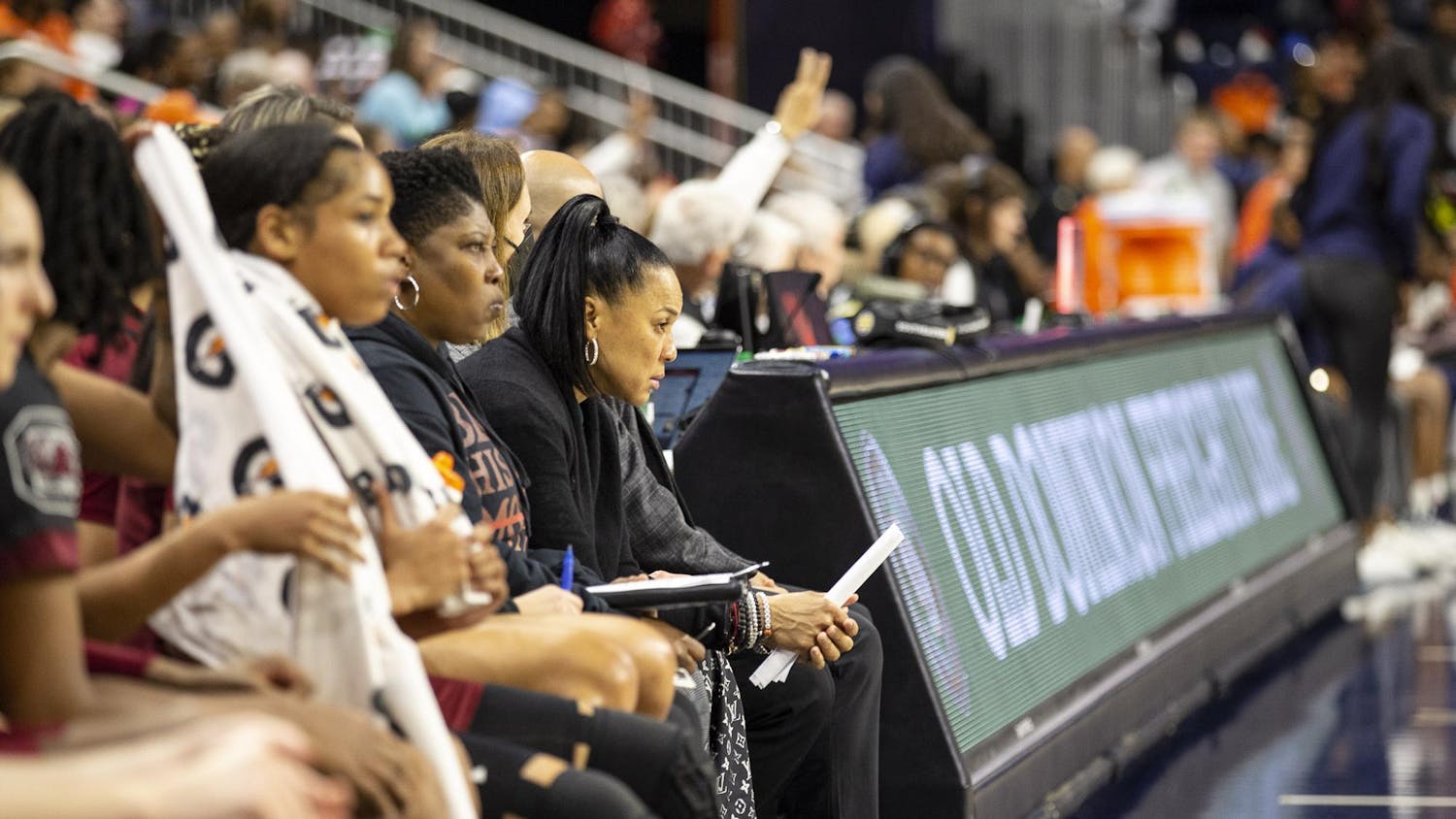 FILE — South Carolina head women's basketball coach Dawn Staley watches the Gamecocks play against Auburn during its game on Feb. 9, 2023. South Carolina fell to the No. 5 UCLA Bruins 62-77 while on the road on Nov. 24, 2024.