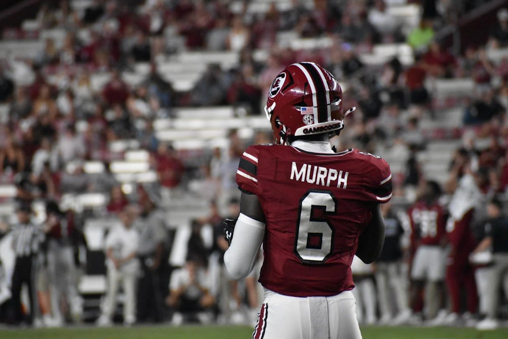 Freshman wide receiver Donovan Murph waits for the play to start during the game against Vanderbilt on Sept. 13, 2025. The South Carolina Gamecocks fell short to the Vanderbilt Commodores 31-7.
