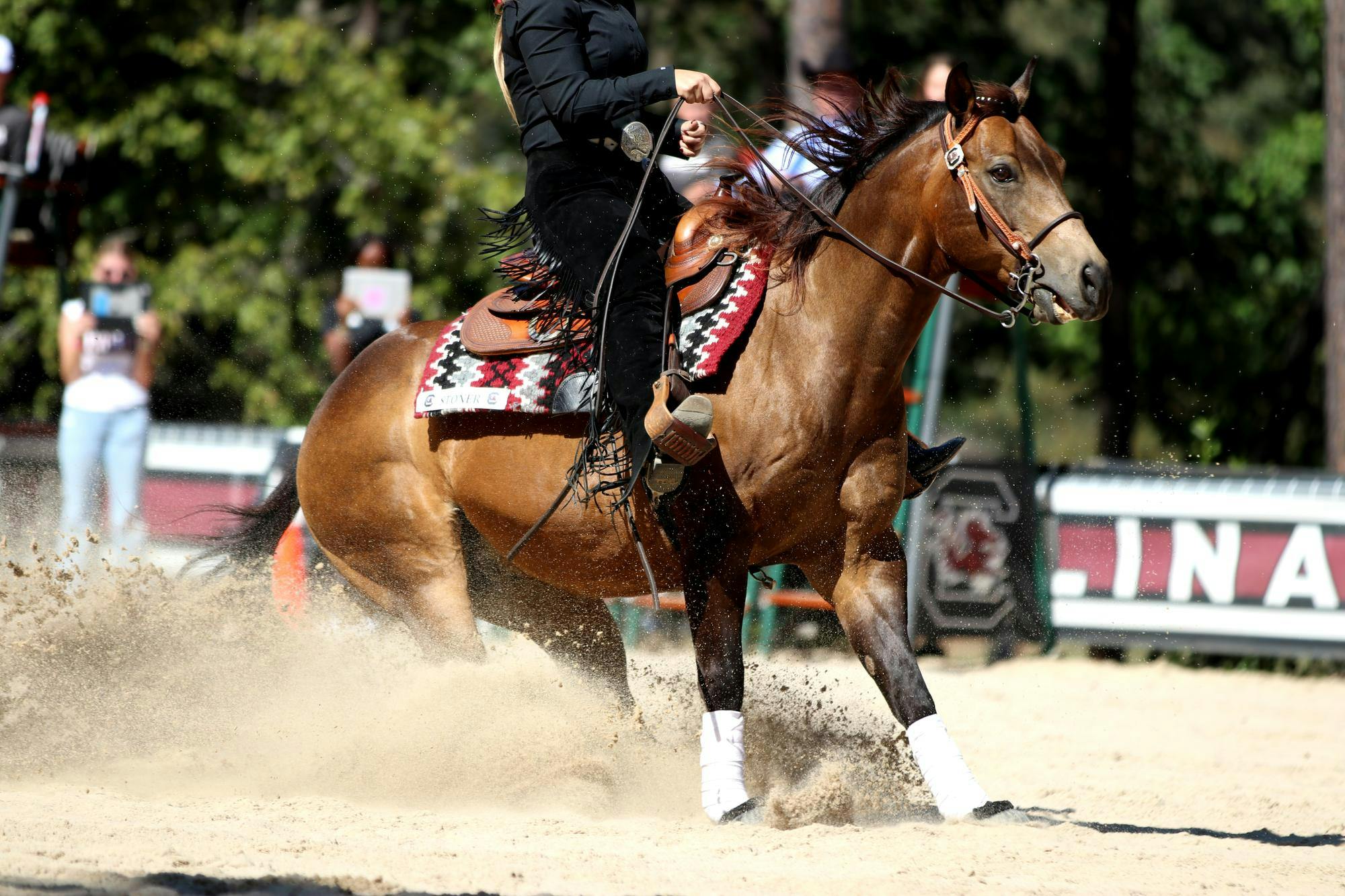 Reining senior Mattilyn McNeill rides Stoner in the reining division against Texas A&amp;M at One Wood Farm on Oct. 17, 2025. McNeill slide into a score of 68, earning the Gamecocks a point.