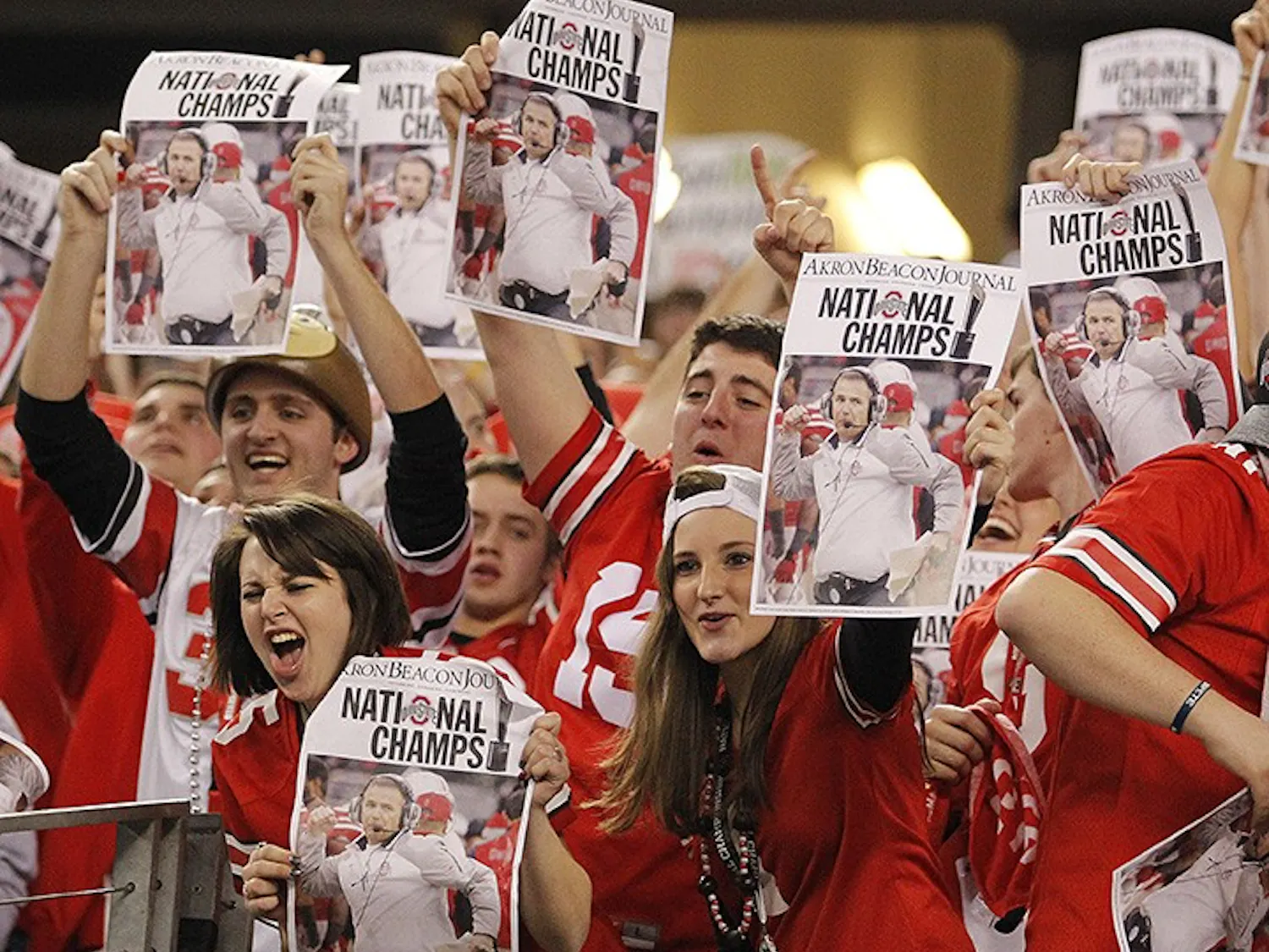 Ohio State fans celebrate after their team's win against Oregon in the CFP National Championship on Monday, Jan. 12, 2015, at AT&T Stadium in Arlington, Texas. (Paul Moseley/Fort Worth Star-Telegram/TNS)