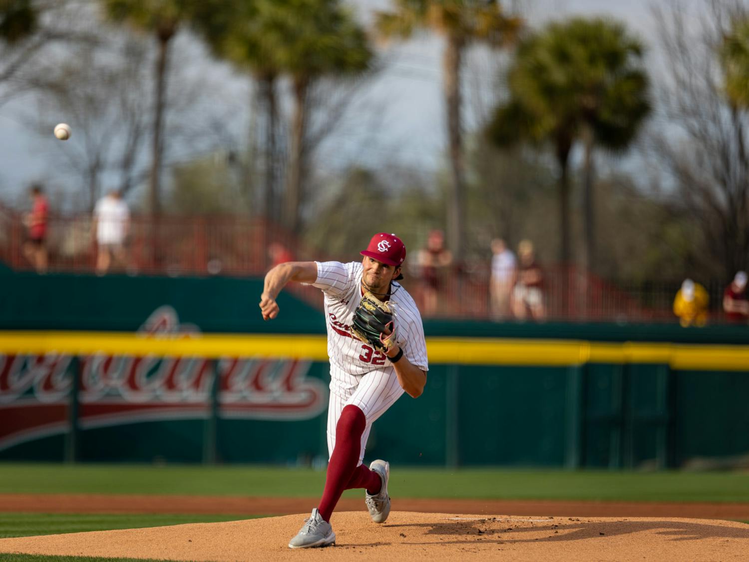 Pitching for most of the game, junior pitcher Will Sanders throws the ball to the Gamecock catcher. The game took place in Founders Park on Feb. 24, 2023, with the Gamecocks playing the the Fighting Quakers. South Carolina had won both games so far in its three-game series, with the first score being 7-4 and the other 1-0.
