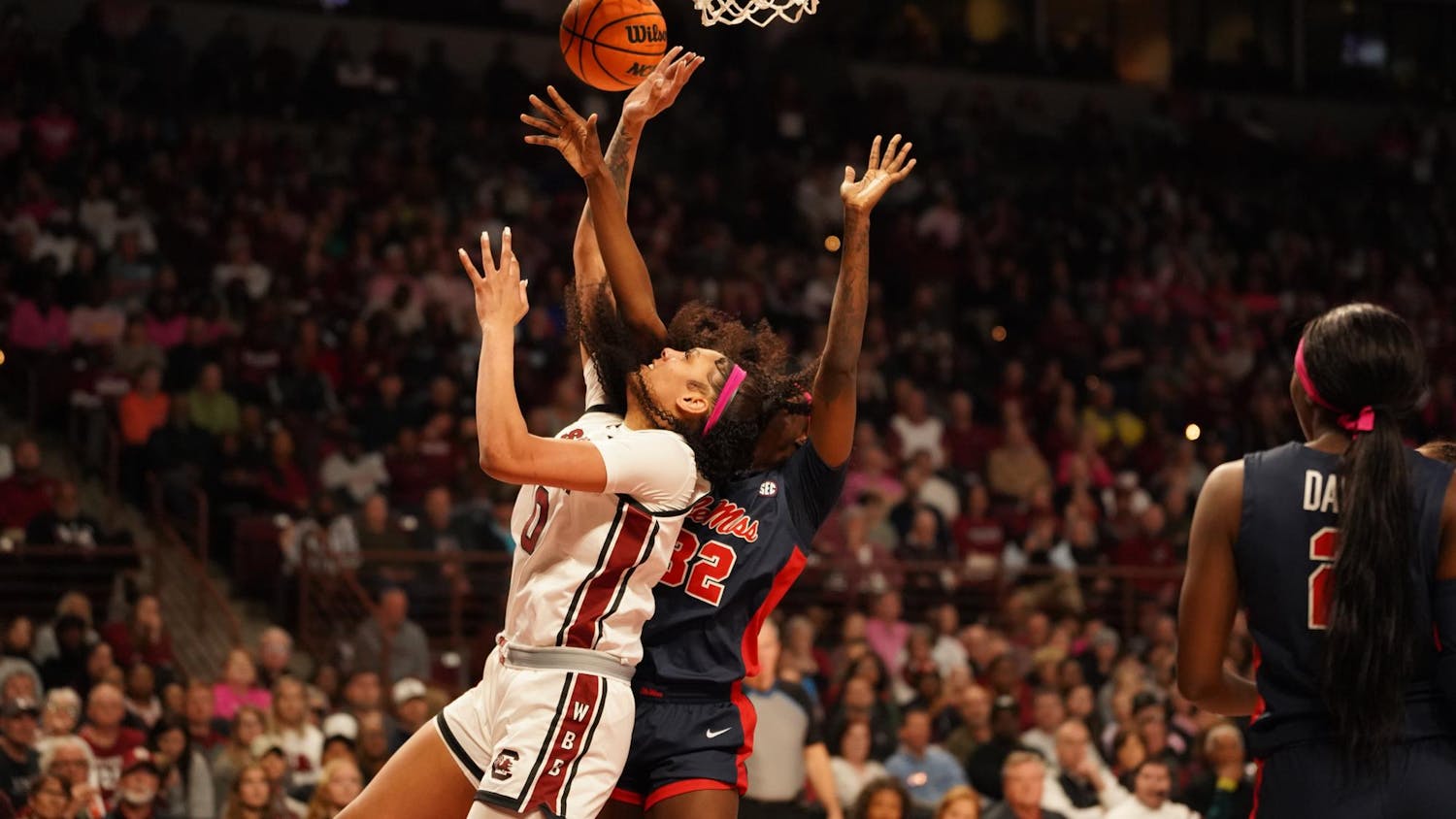 FILE - Senior center Kamilla Cardoso attempts a lay-up with a defender on her. Cardoso led the team with 17 points and four blocks when the Gamecocks beat the Rebels 85-56 on Feb. 4, 2024 at Colonial Life Arena.