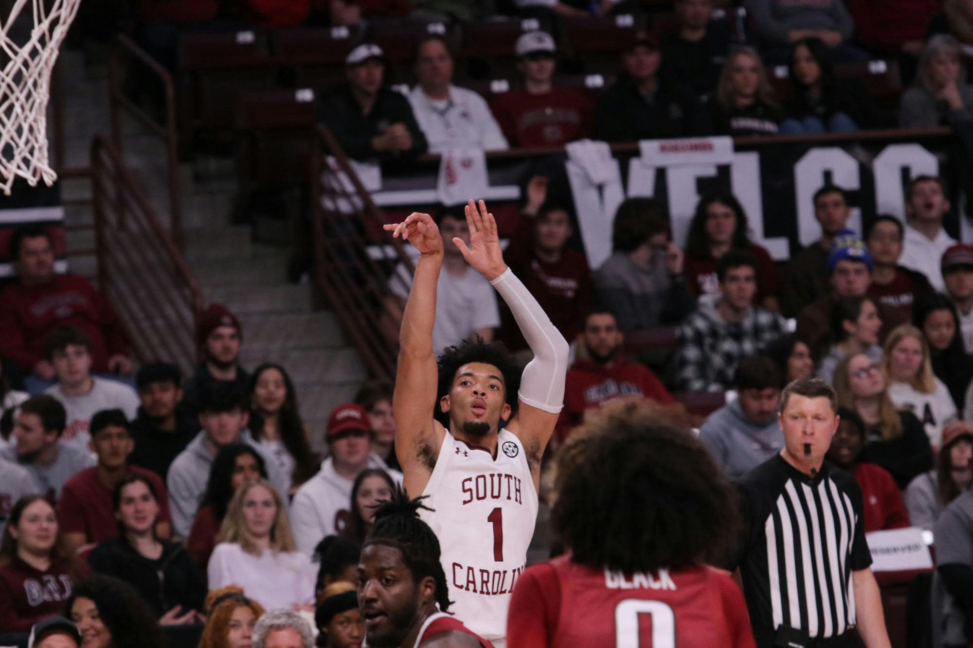 FILE—Sophomore guard Jacobi Wright shoots for a three-pointer against Arkansas' defense at Colonial Life Arena on Feb. 4, 2023. Wright scored 4 points in 27 minutes, but it was not enough to help the Gamecocks defeat the Razorbacks. &nbsp;