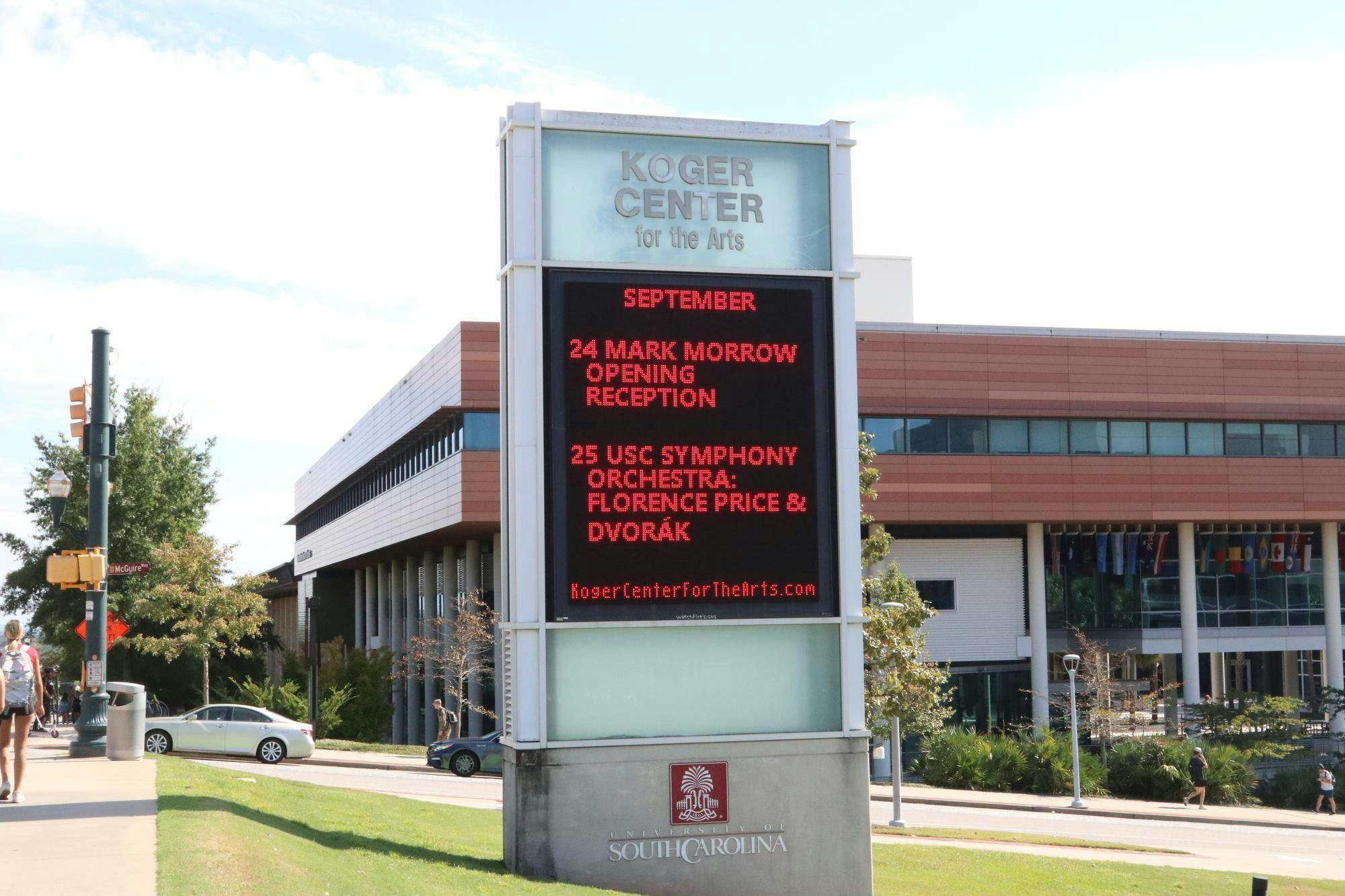 A sign outside the Koger Center for the Arts, located on Greene Street, displays upcoming shows at the venue on Sept. 22, 2025. The Koger Center for the Arts will hold the USC Symphony's upcoming performance with violinist Melissa White.