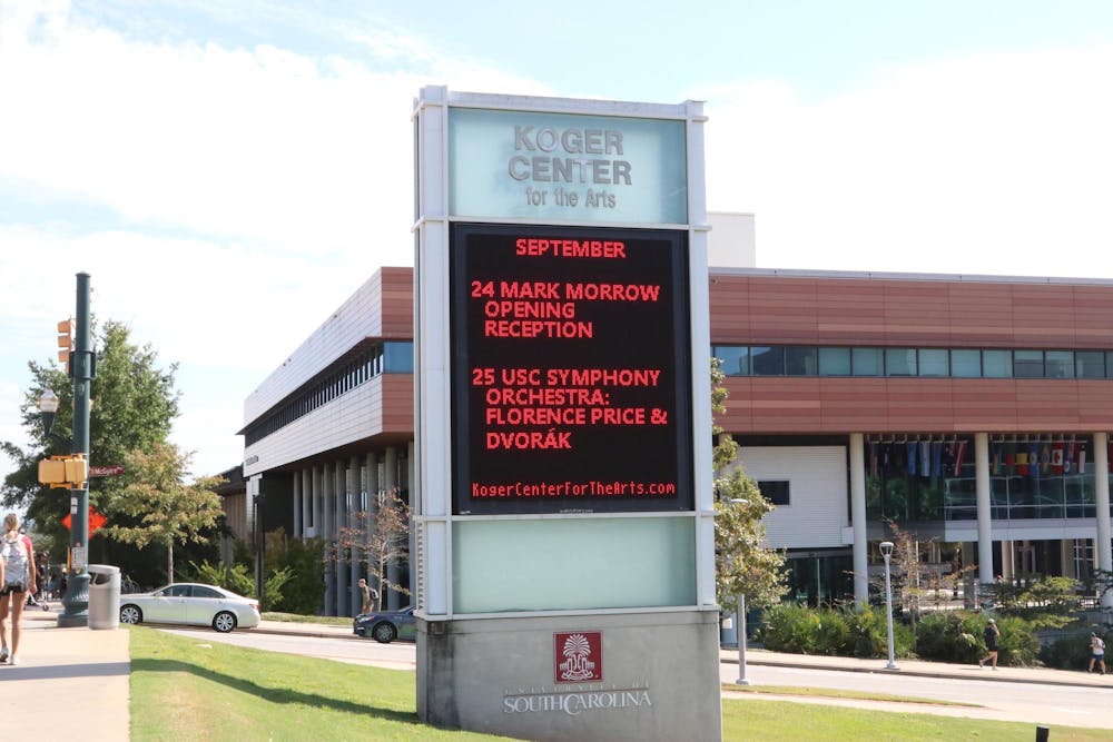 <p>A sign outside the Koger Center for the Arts, located on Greene Street, displays upcoming shows at the venue on Sept. 22, 2025. The Koger Center for the Arts will hold the USC Symphony's upcoming performance with violinist Melissa White.</p>