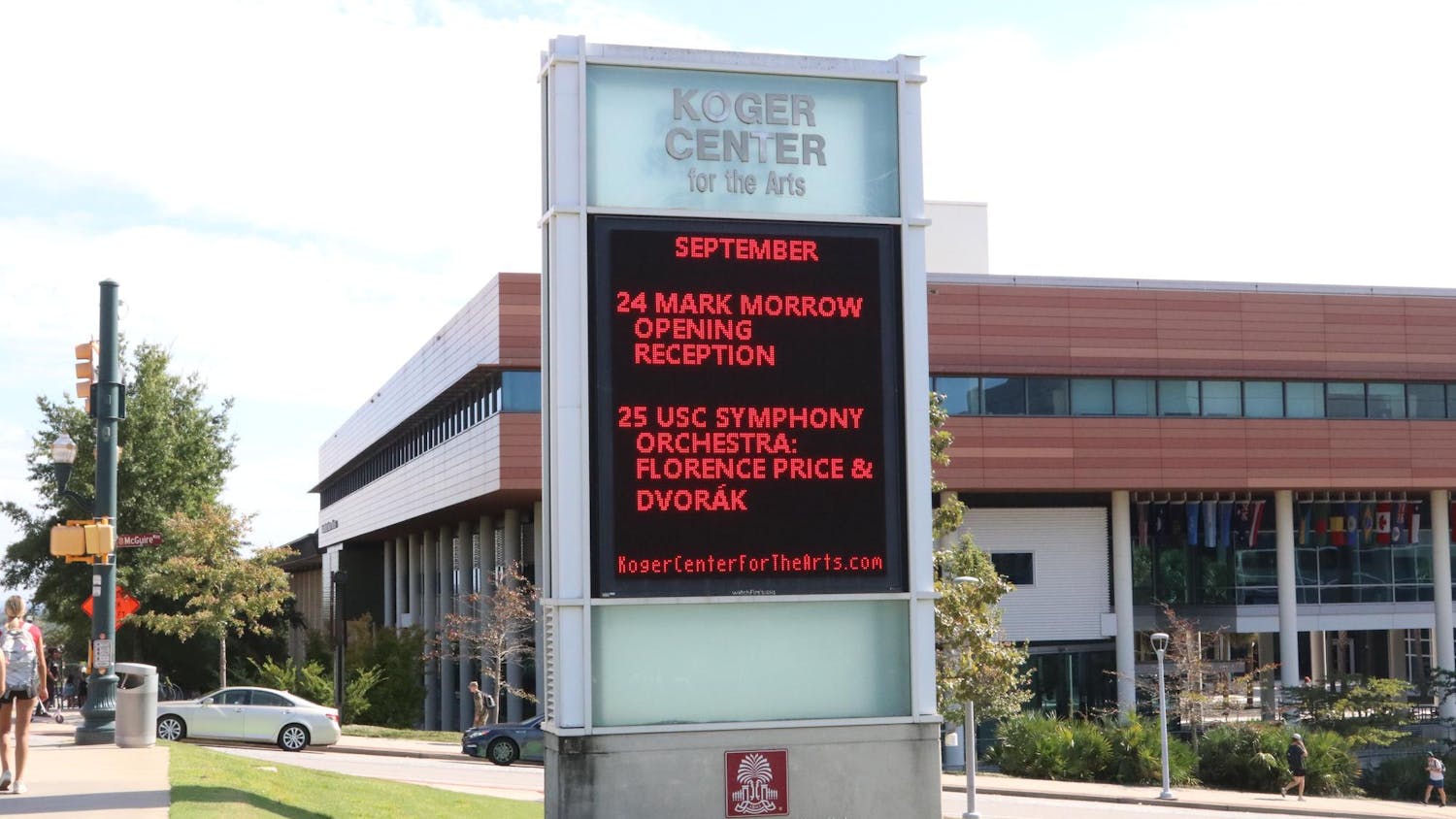 A sign outside the Koger Center for the Arts, located on Greene Street, displays upcoming shows at the venue on Sept. 22, 2025. The Koger Center for the Arts will hold the USC Symphony's upcoming performance with violinist Melissa White.